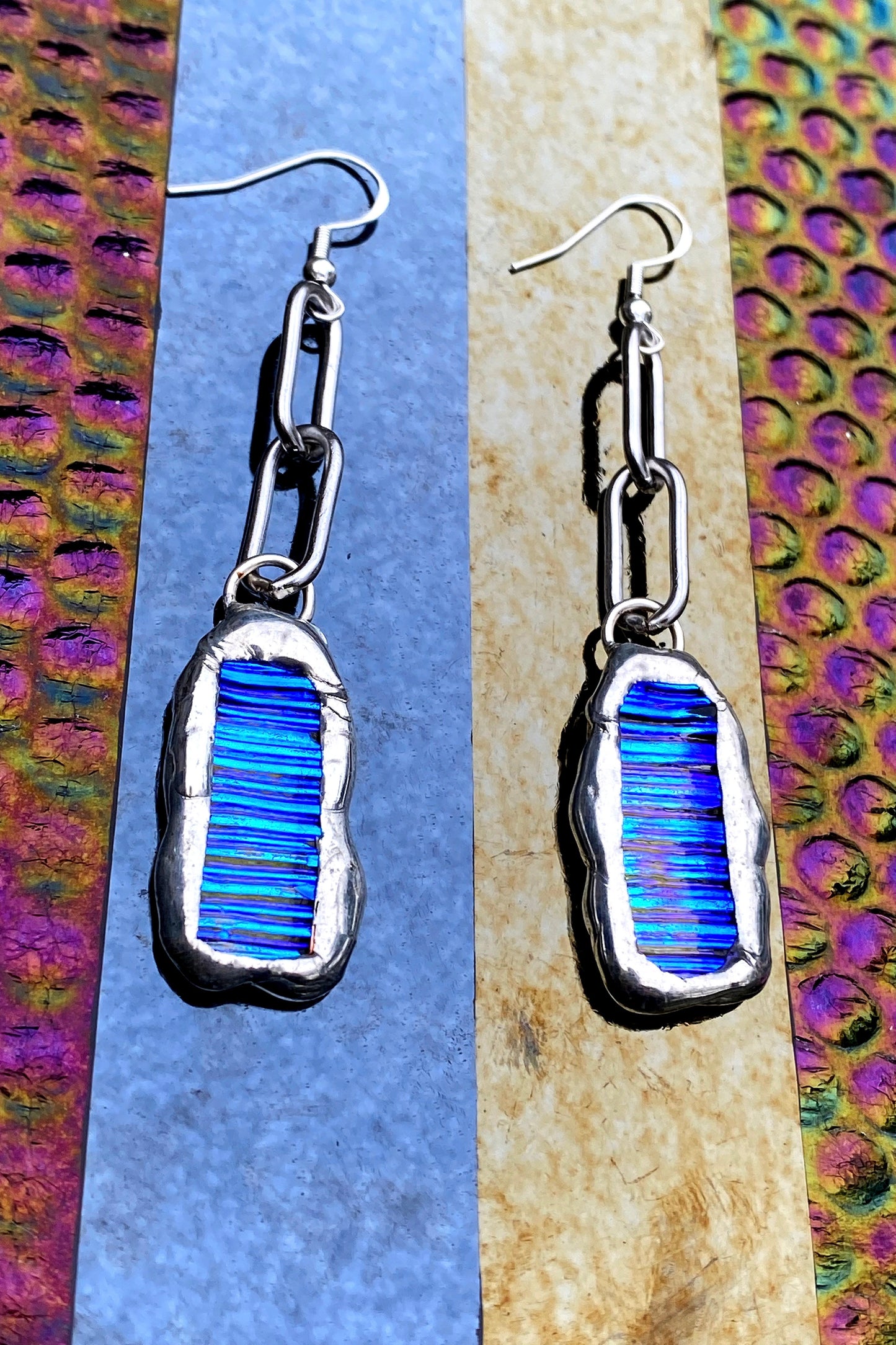 Bright Blue Chain Drop Stained Glass Earrings