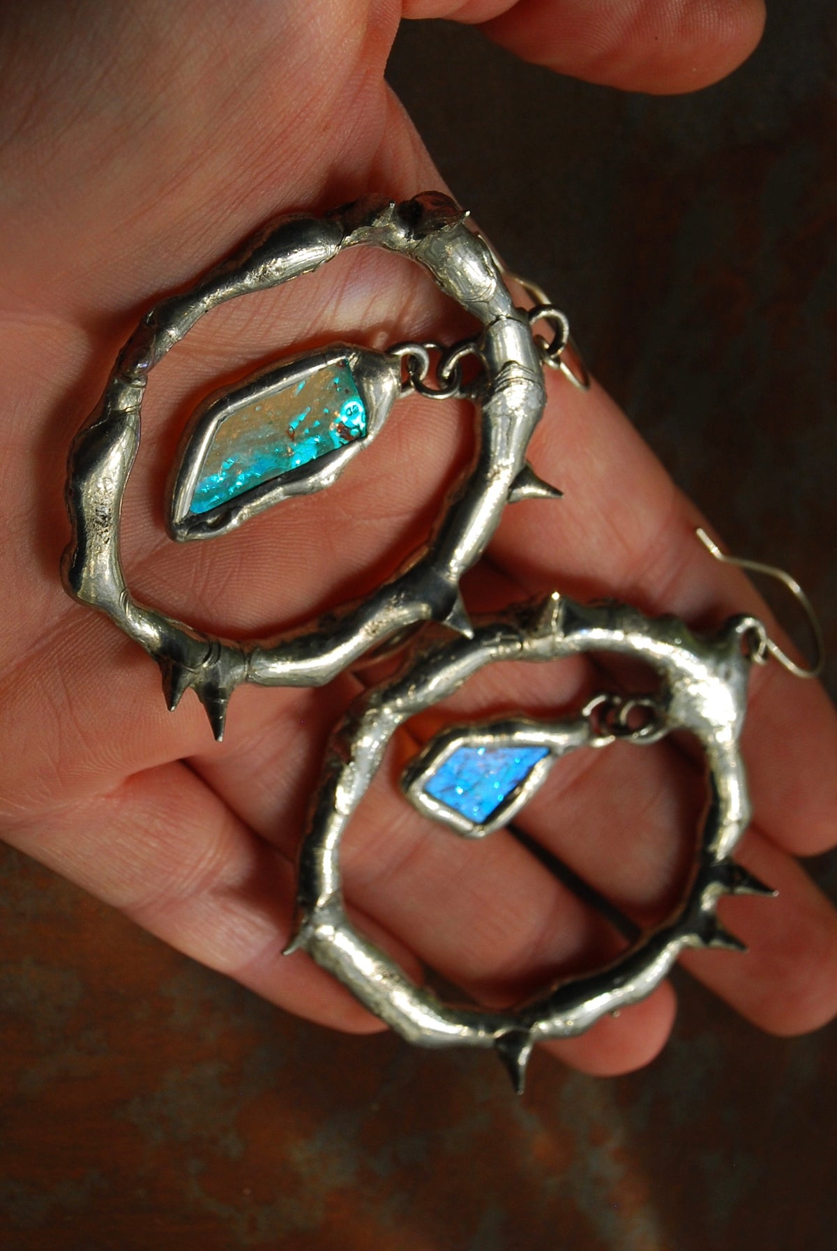 Teal Glass Shards Spiky Hoop Earrings
