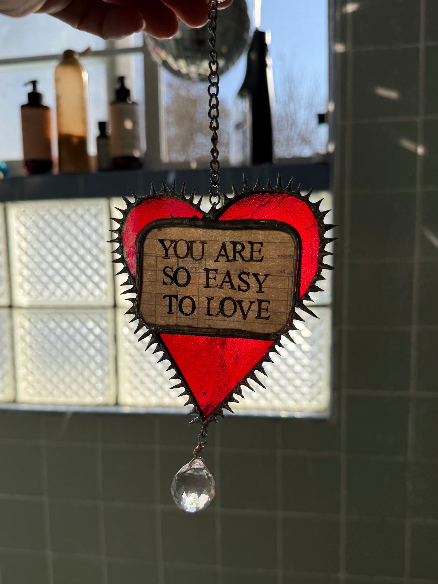 “You Are So Easy To Love” Iridescent Red Stained Glass Heart w/ Rainbow Prism Suncatcher | Hand Stamped Poetry | Spiky Soft Solder | Home Decor