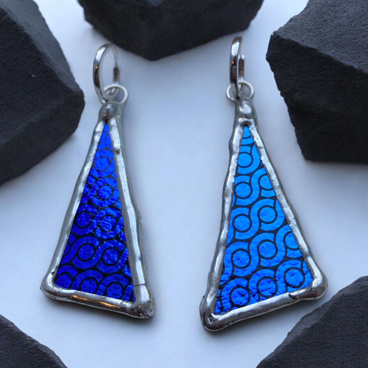 Cobalt Triangle Huggie Hoops | Stained Glass Earrings