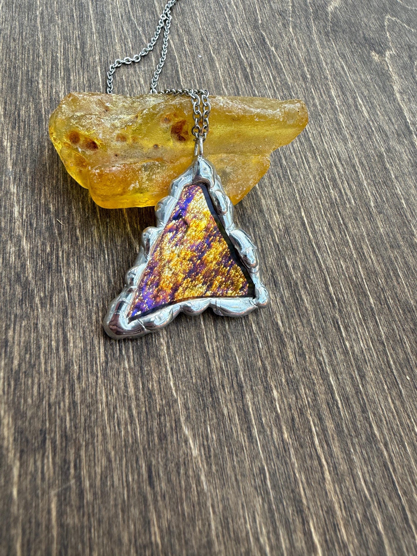 Shooting Star Stained Glass Triangle Pendant | Celestial Handmade Wearable Art + Rave Fashion for Fantasy Lovers