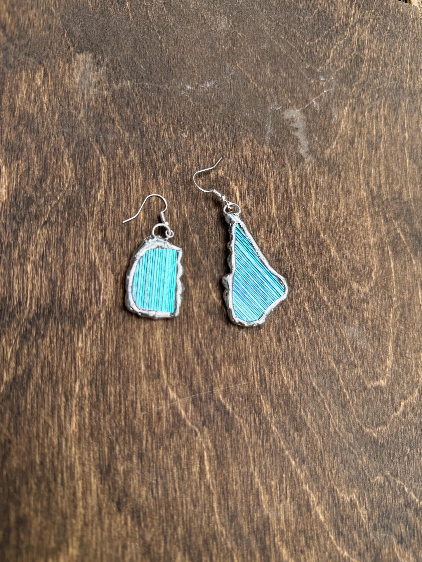 Baby Blue Iridescent Stained Glass Earrings | Handmade, Mismatched, Abstract, Wearable Sculptures