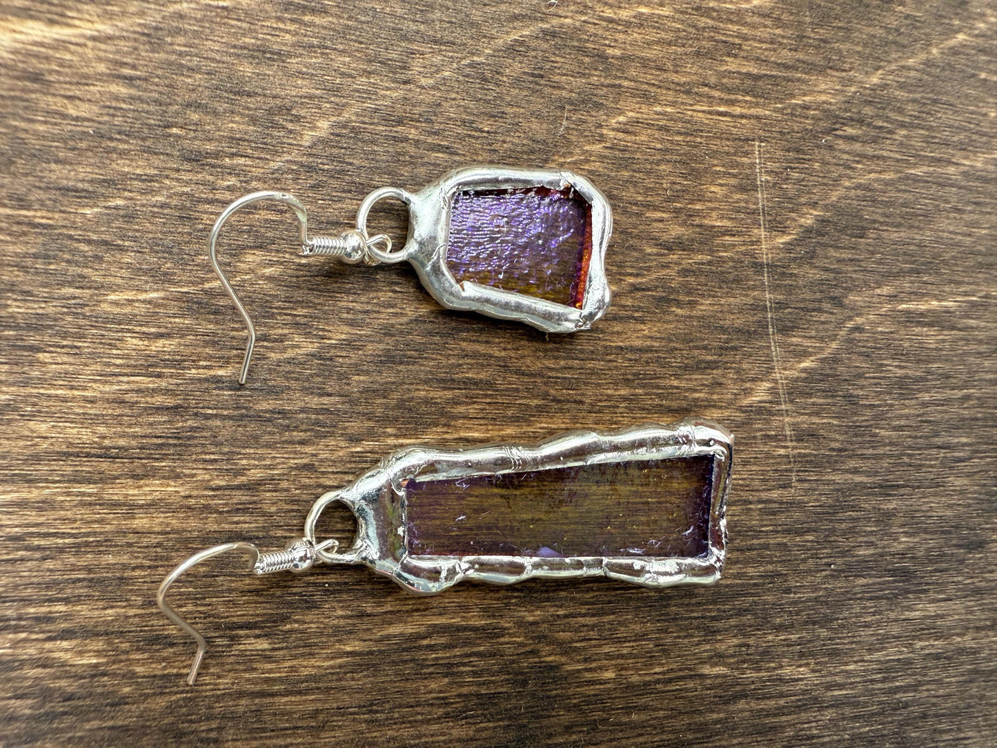 Purple Iridescent Stained Glass Earrings | Handmade, Mismatched, Abstract, Wearable Sculptures