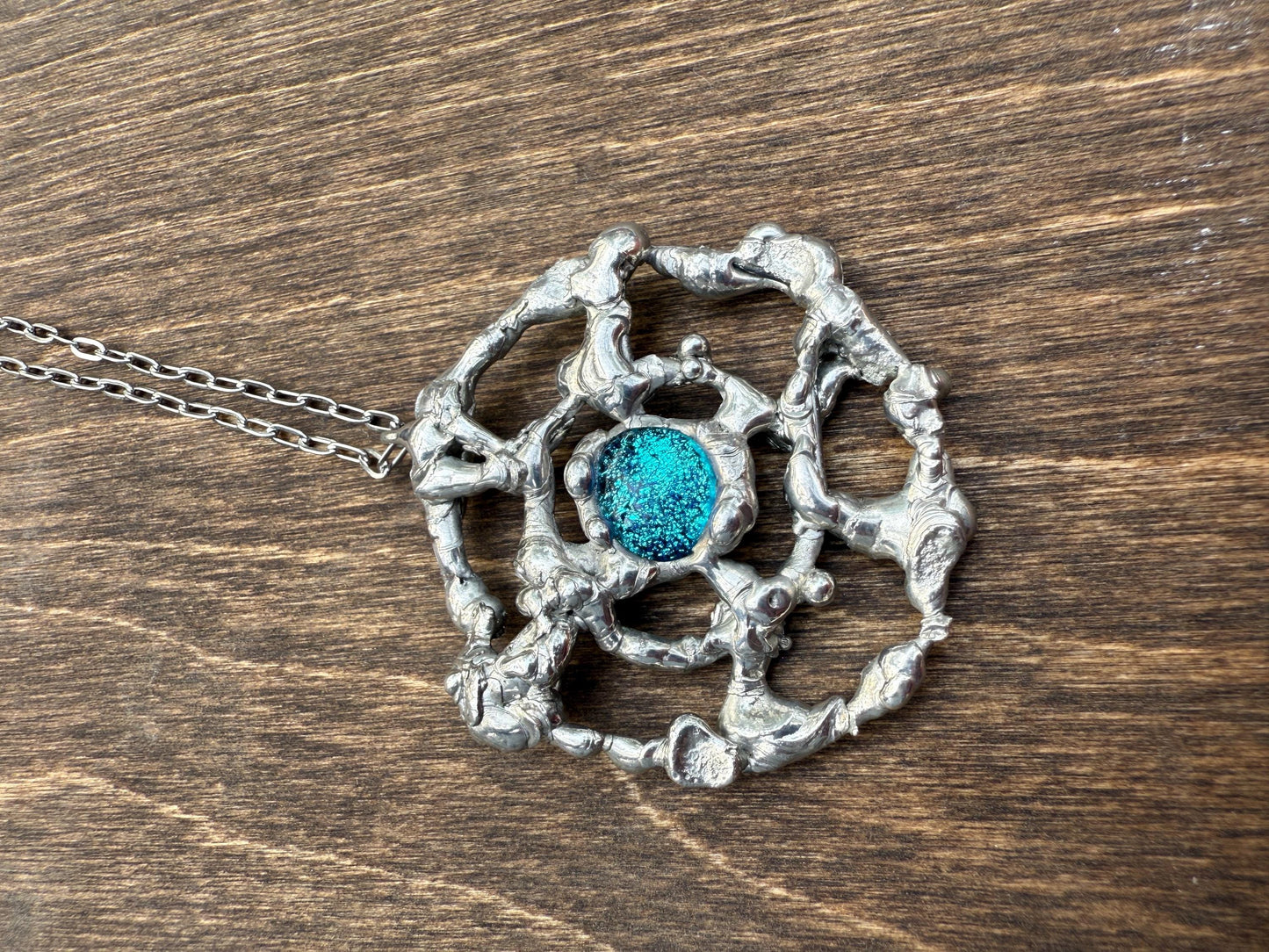 Cyber Sigilism Fused Glass Blue Pendant - Handmade Brutalist Statement Necklace, Fantasy, Punk, Gothic Jewelry