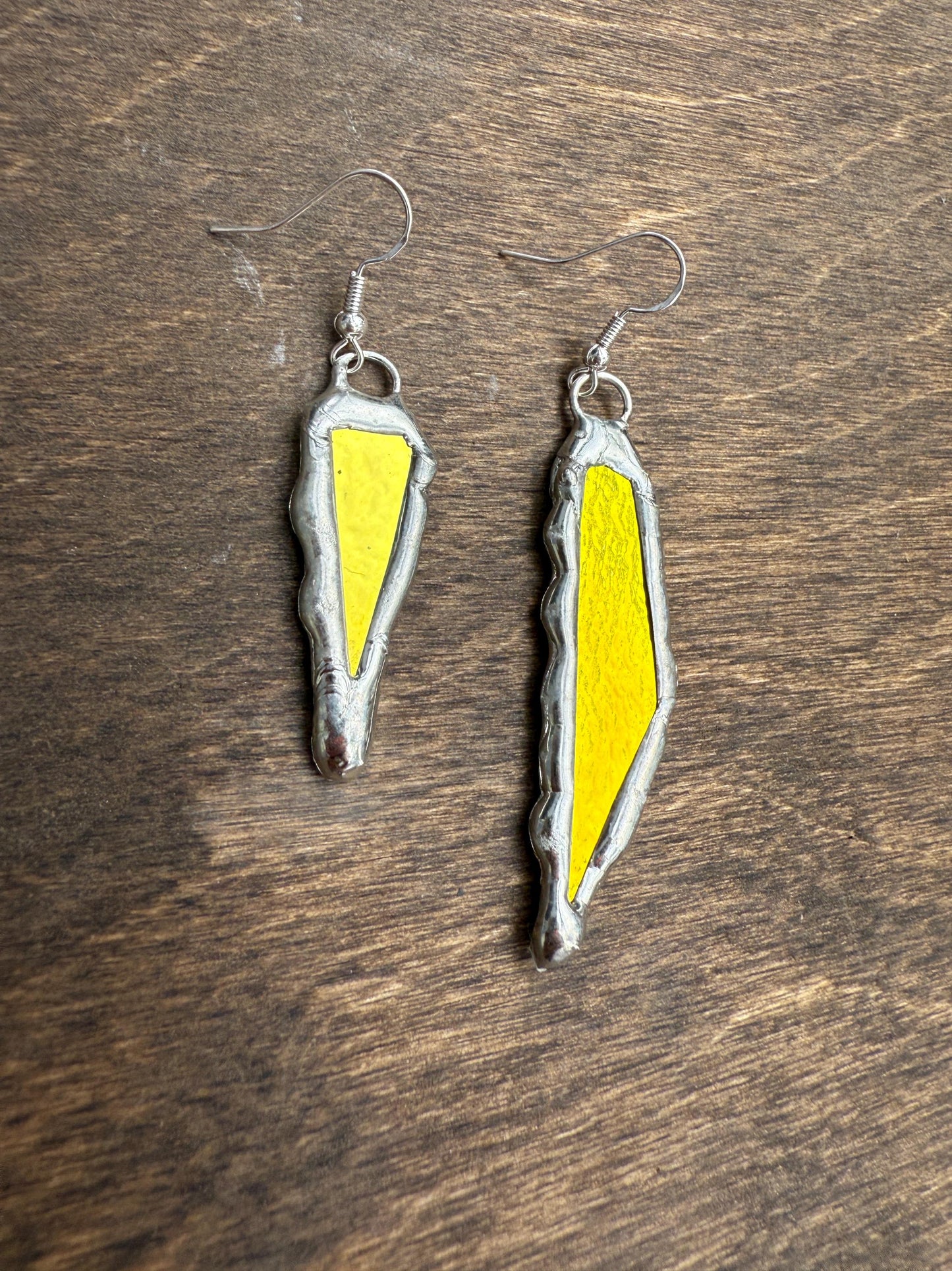 Yellow + Blue Iridescent Stained Glass Earrings | Handmade, Mismatched, Abstract, Wearable Sculptures