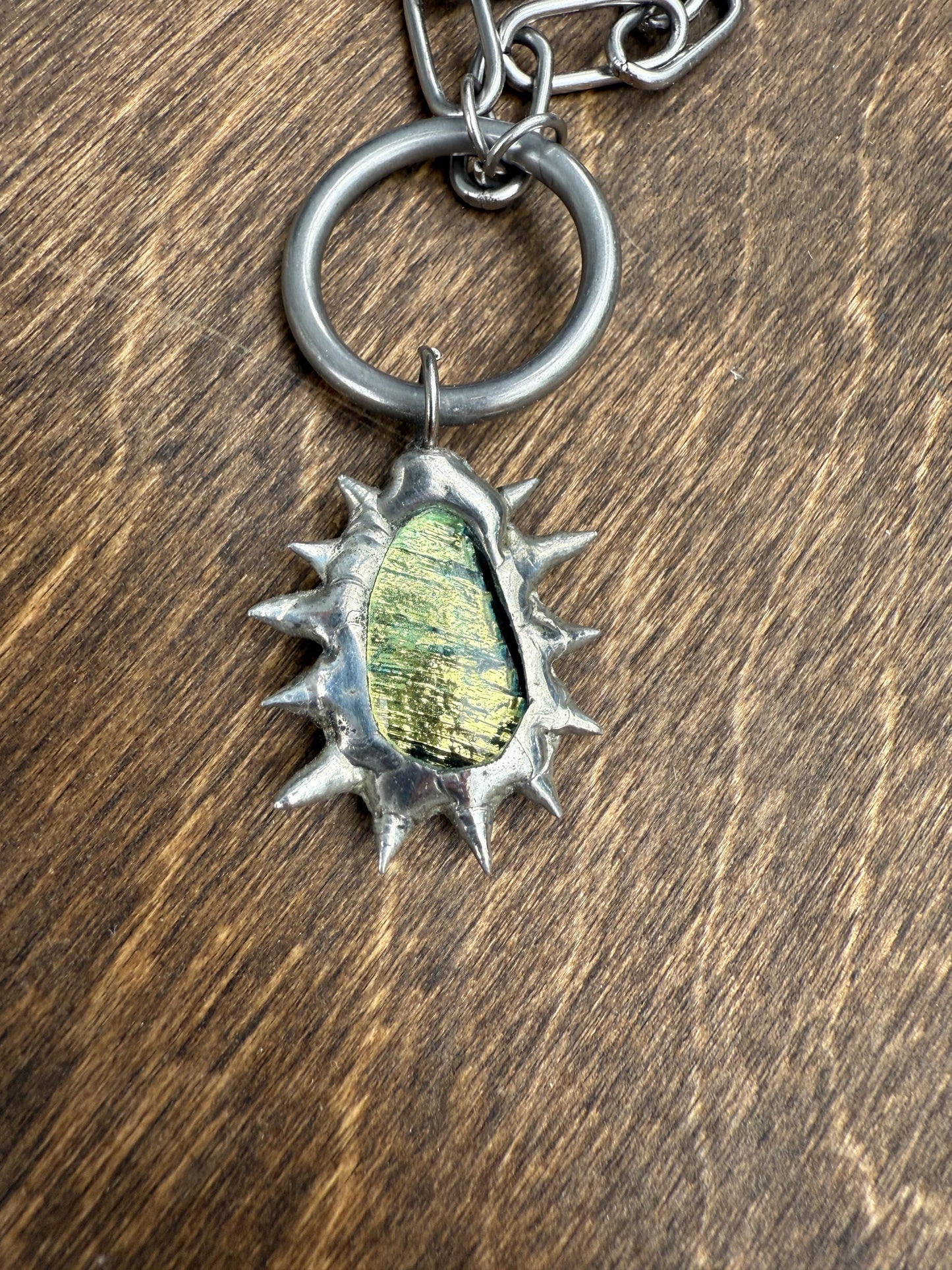 Fairy Goth Green Fused Glass Choker Necklace with Spikes & O Ring - Chainmail Jewelry