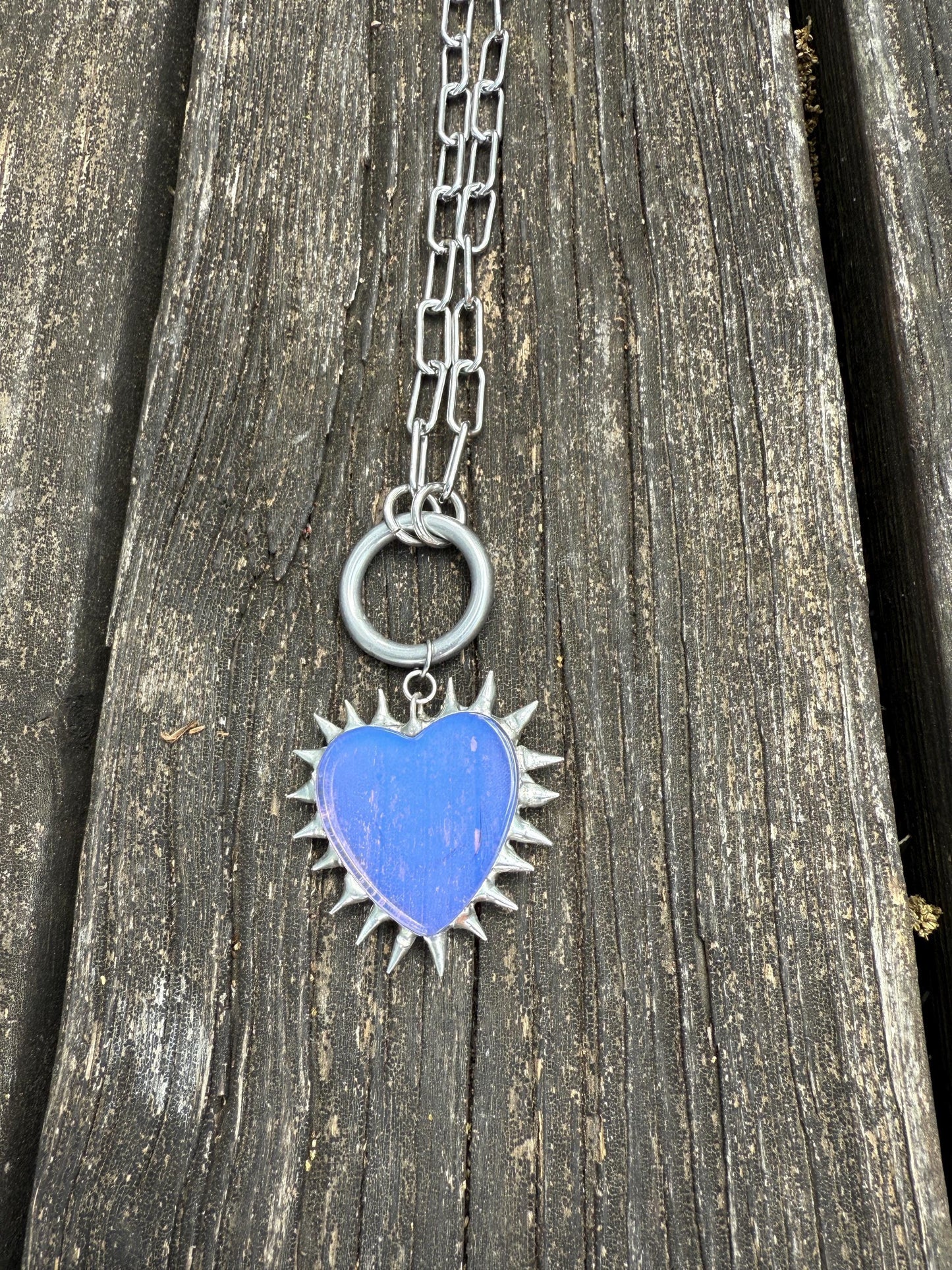 Spiked Opalite Heart Choker Collar Necklace with O Ring