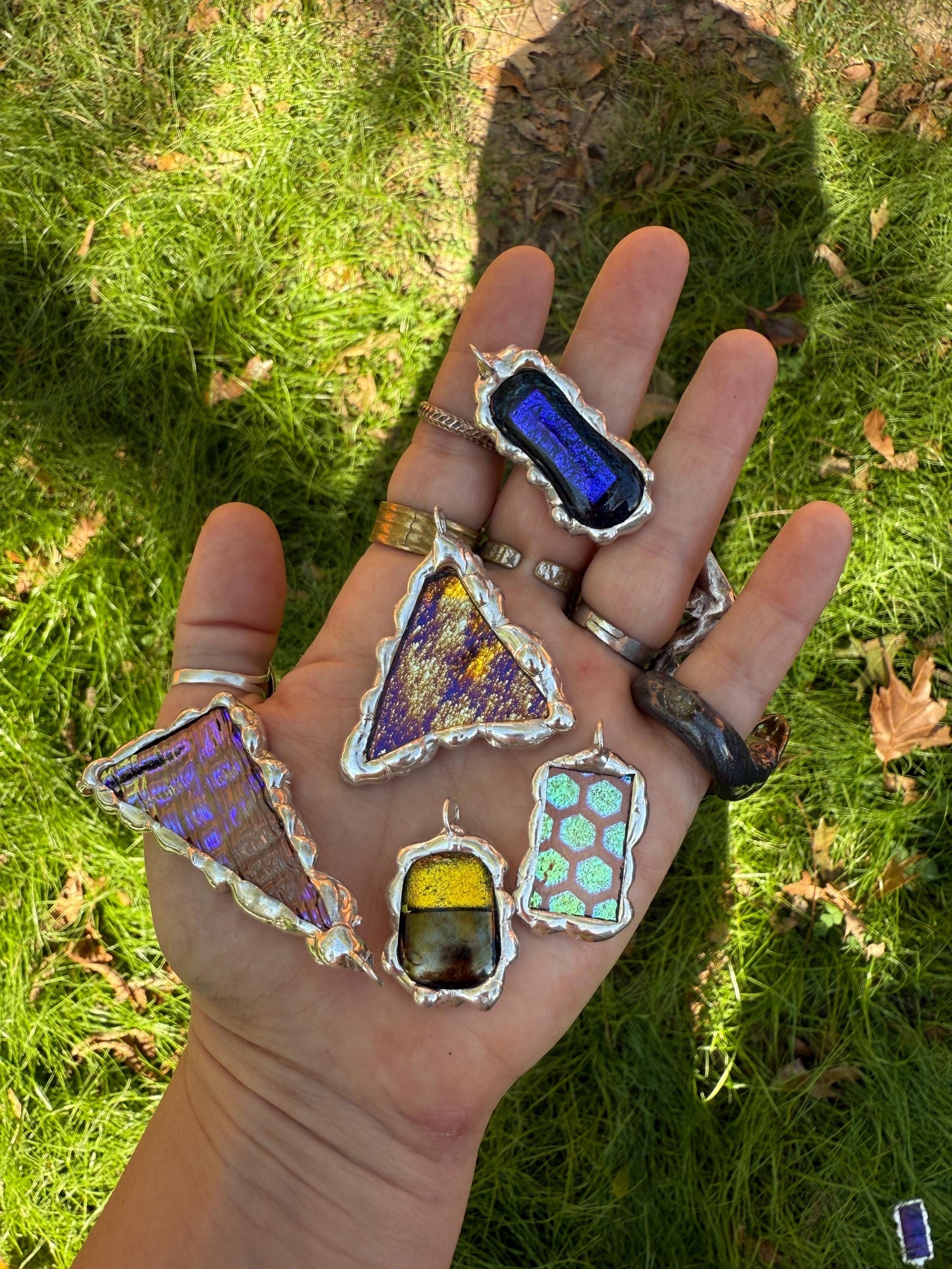 Geometric Iridescent Stained Glass Pendant | Brutalist Handmade Wearable Art + Whimsigoth Fashion