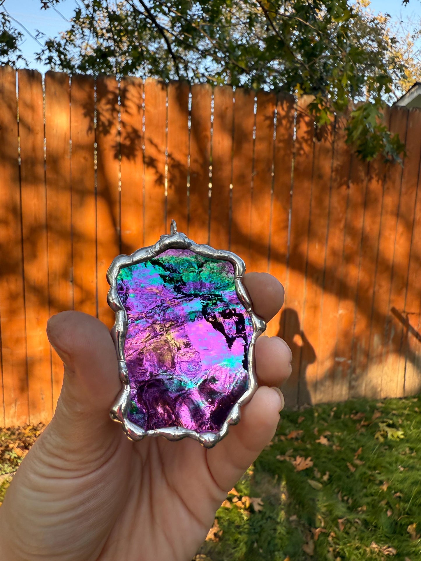 Iridescent Stained Glass Pendant | Diamond Shaped Handmade Wearable Art + Rave Fashion for Fantasy Lovers