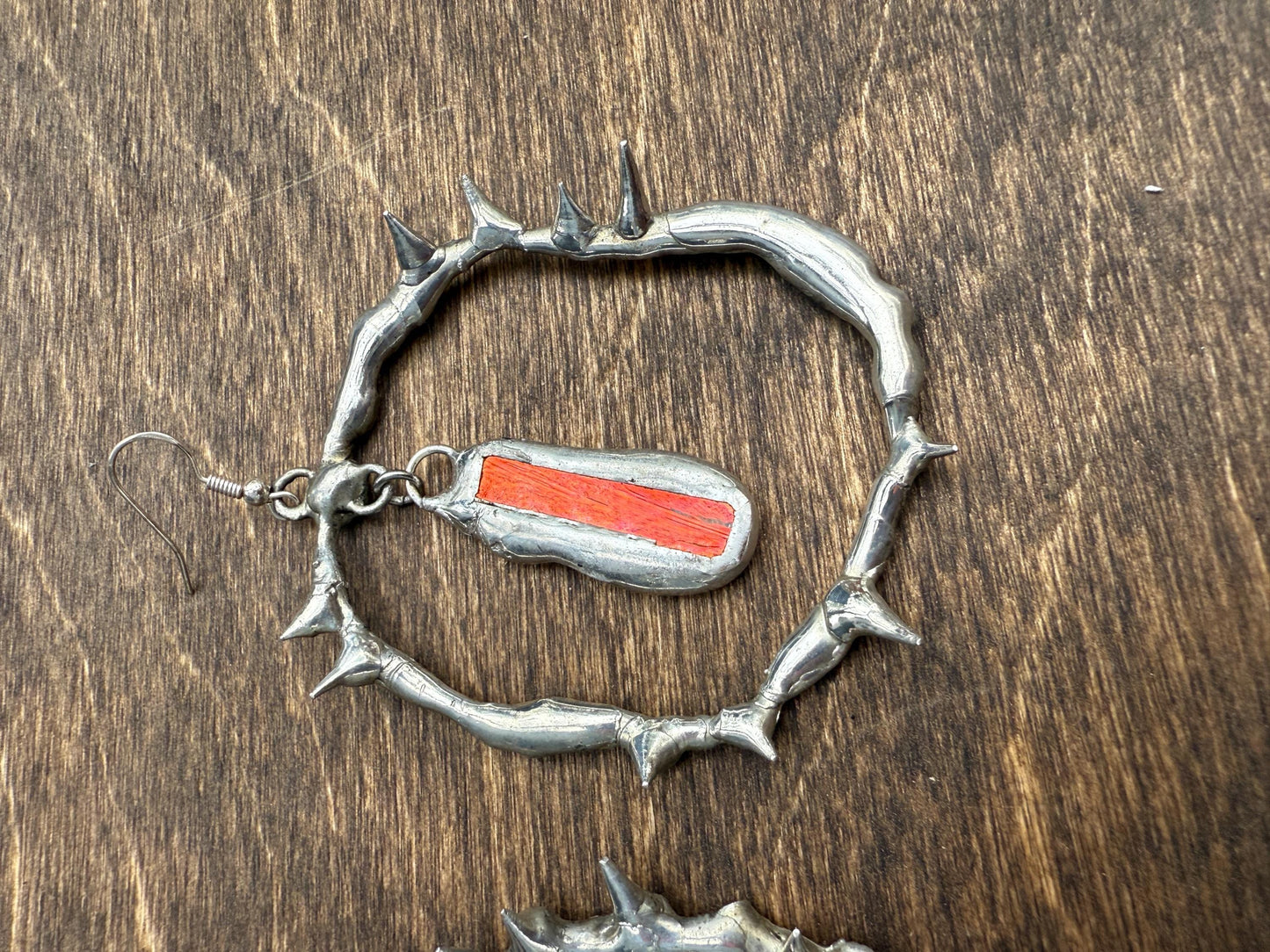 Spikey Silver Hoop Earrings w/ Orange Stained Glass | Cyber Iridescent Soft Soldered Wearable Sculptures