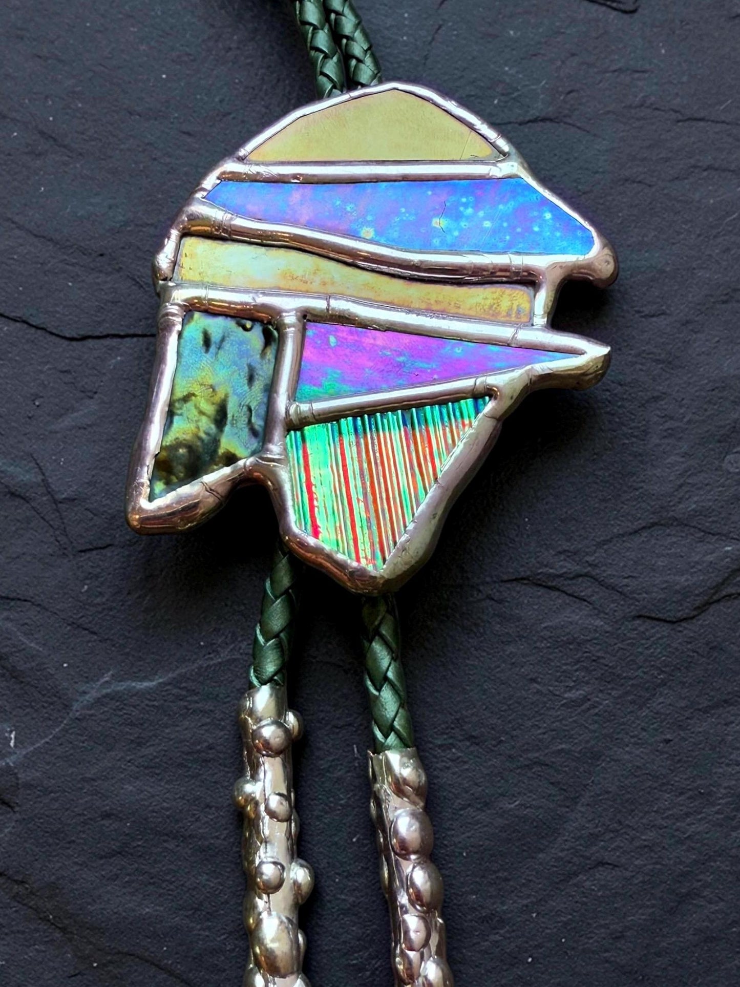 Whimsigoth Stained Glass Bolo Tie – Iridescent Handmade Western Necklace | Whimsical Jewelry for Festival Fashion and Celestial Cowboy Vibes