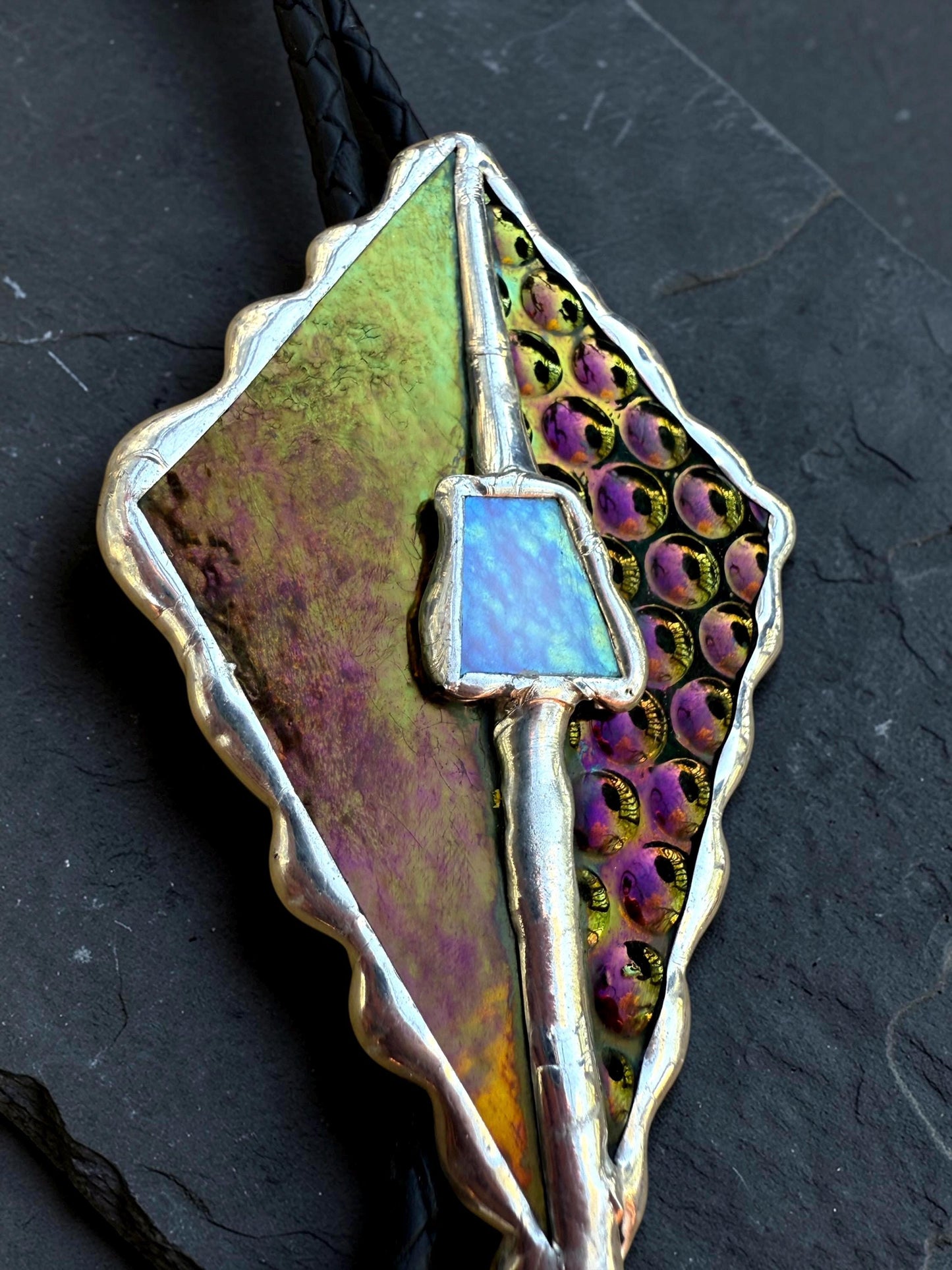 Whimsigoth Stained Glass Bolo Tie – Holographic Handmade Western Statement Necklace – Whimsical Jewelry for Celestial Festival Fashion