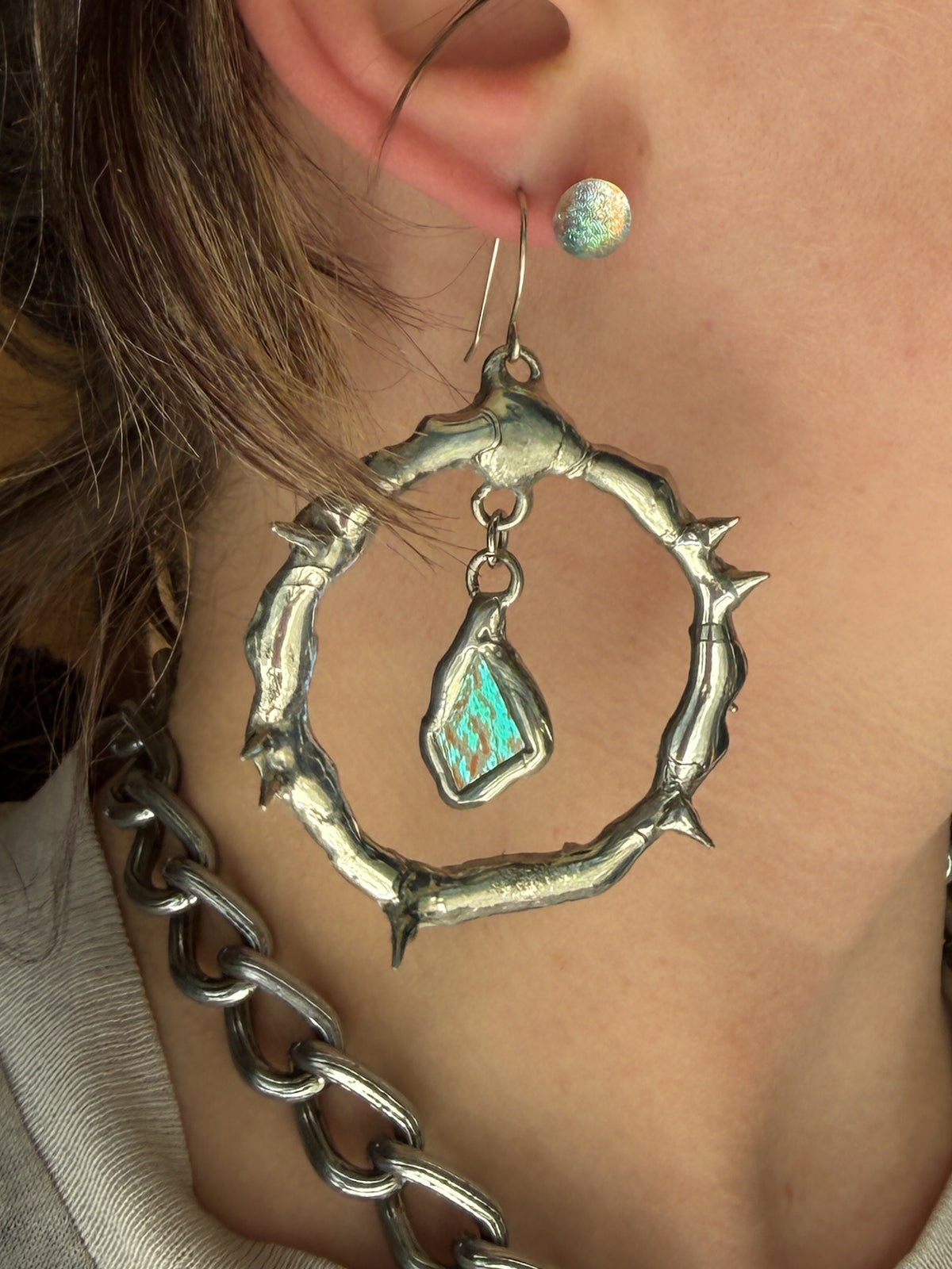 Teal Glass Shards Spiky Hoop Earrings
