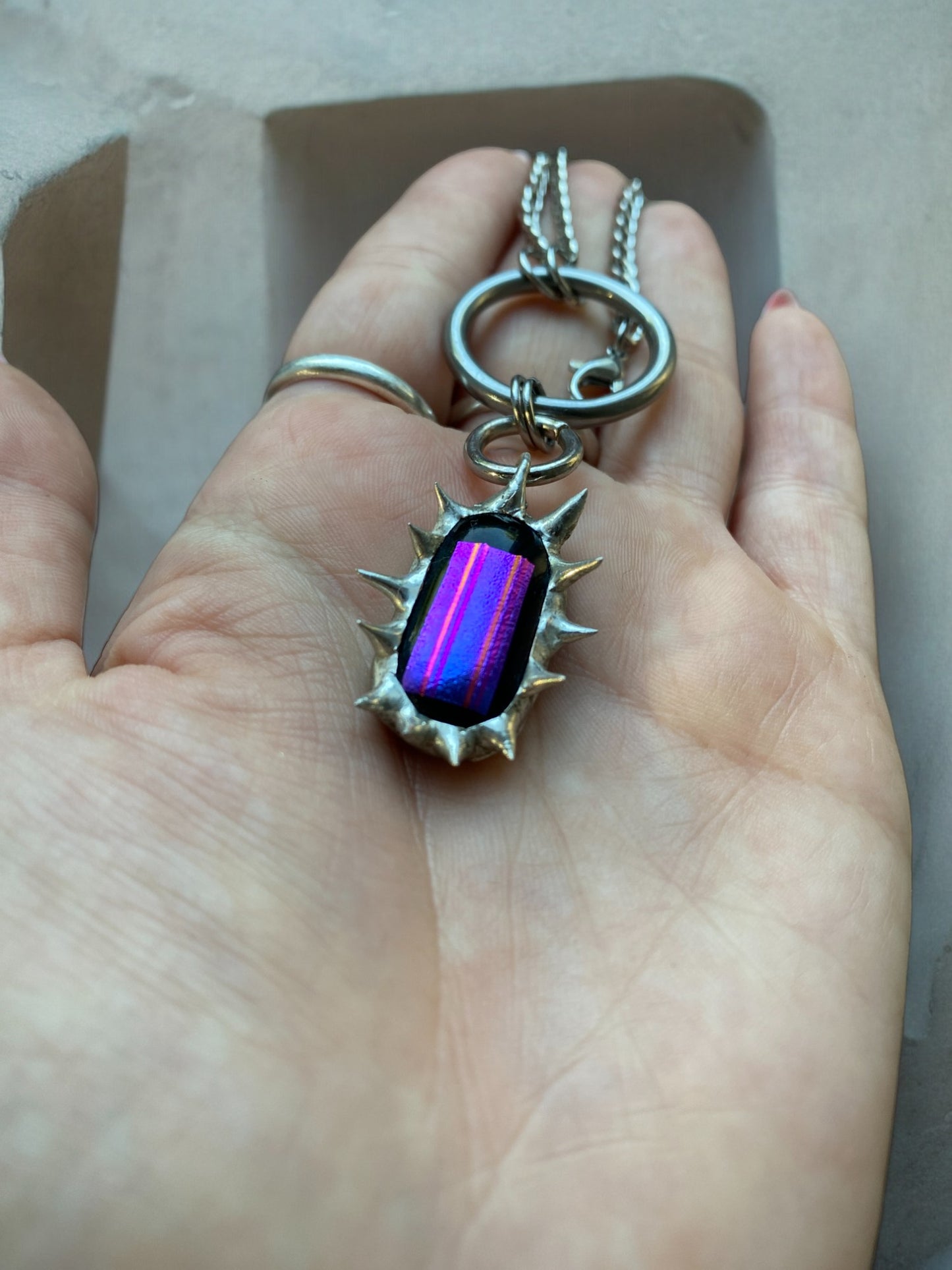 Magenta Portal Creature | Spiky Fused Glass O Ring Necklace