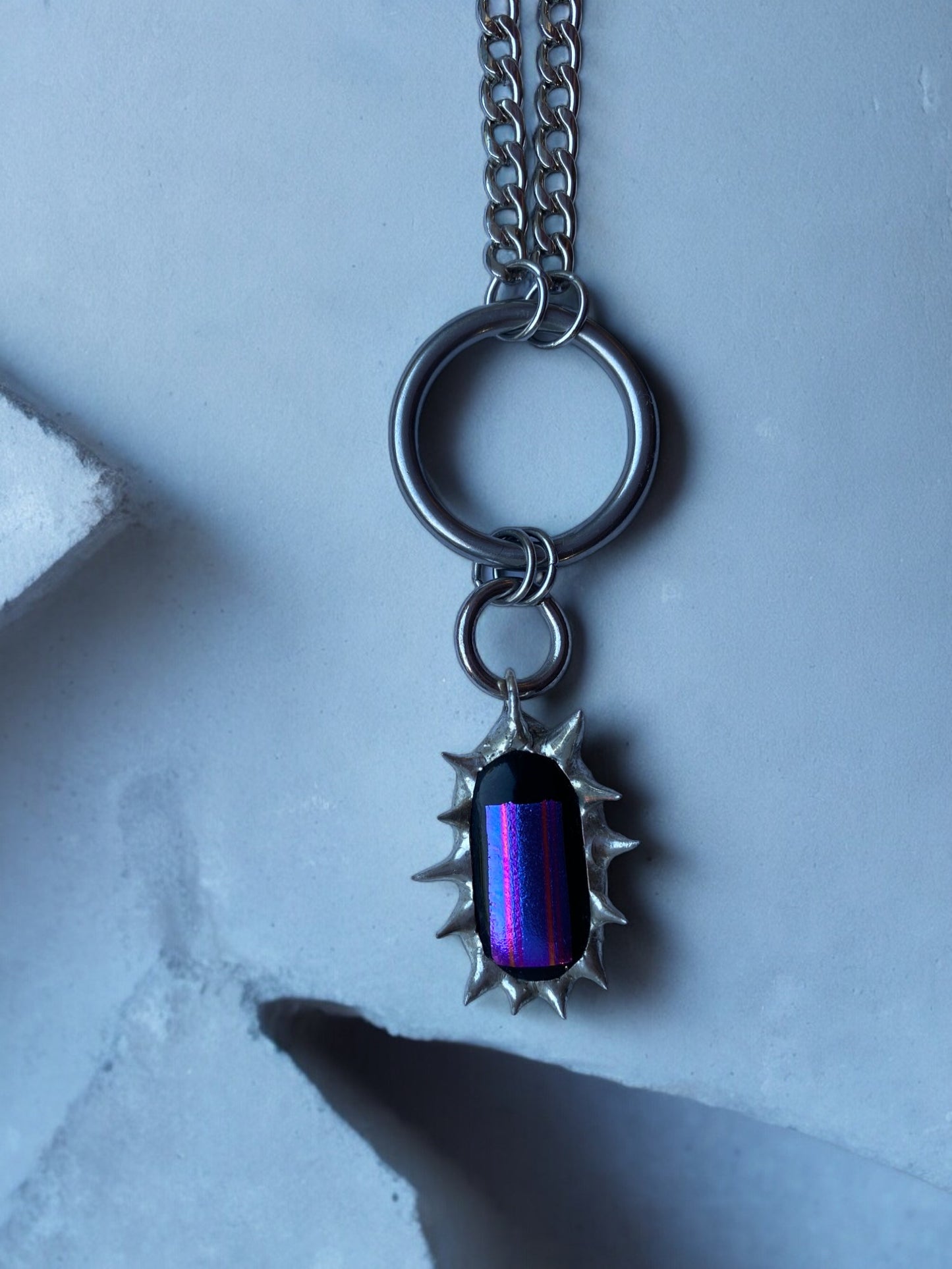 Magenta Portal Creature | Spiky Fused Glass O Ring Necklace