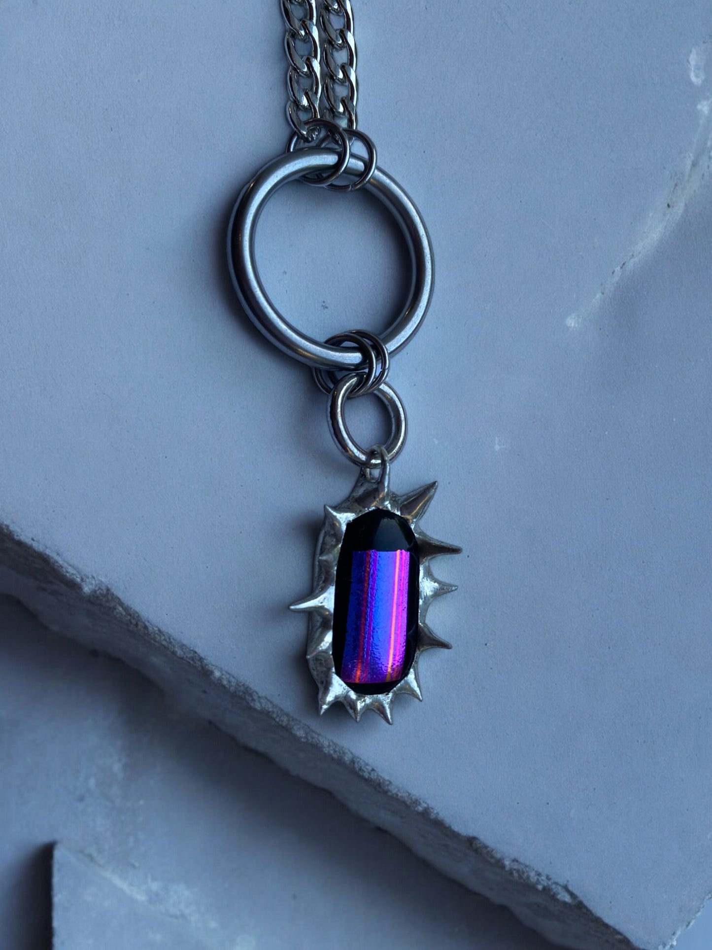 Magenta Portal Creature | Spiky Fused Glass O Ring Necklace