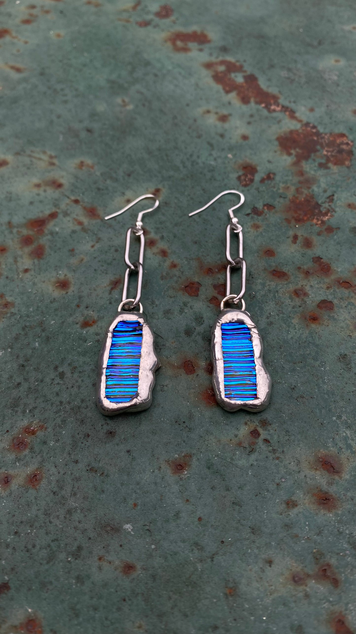 Bright Blue Chain Drop Stained Glass Earrings