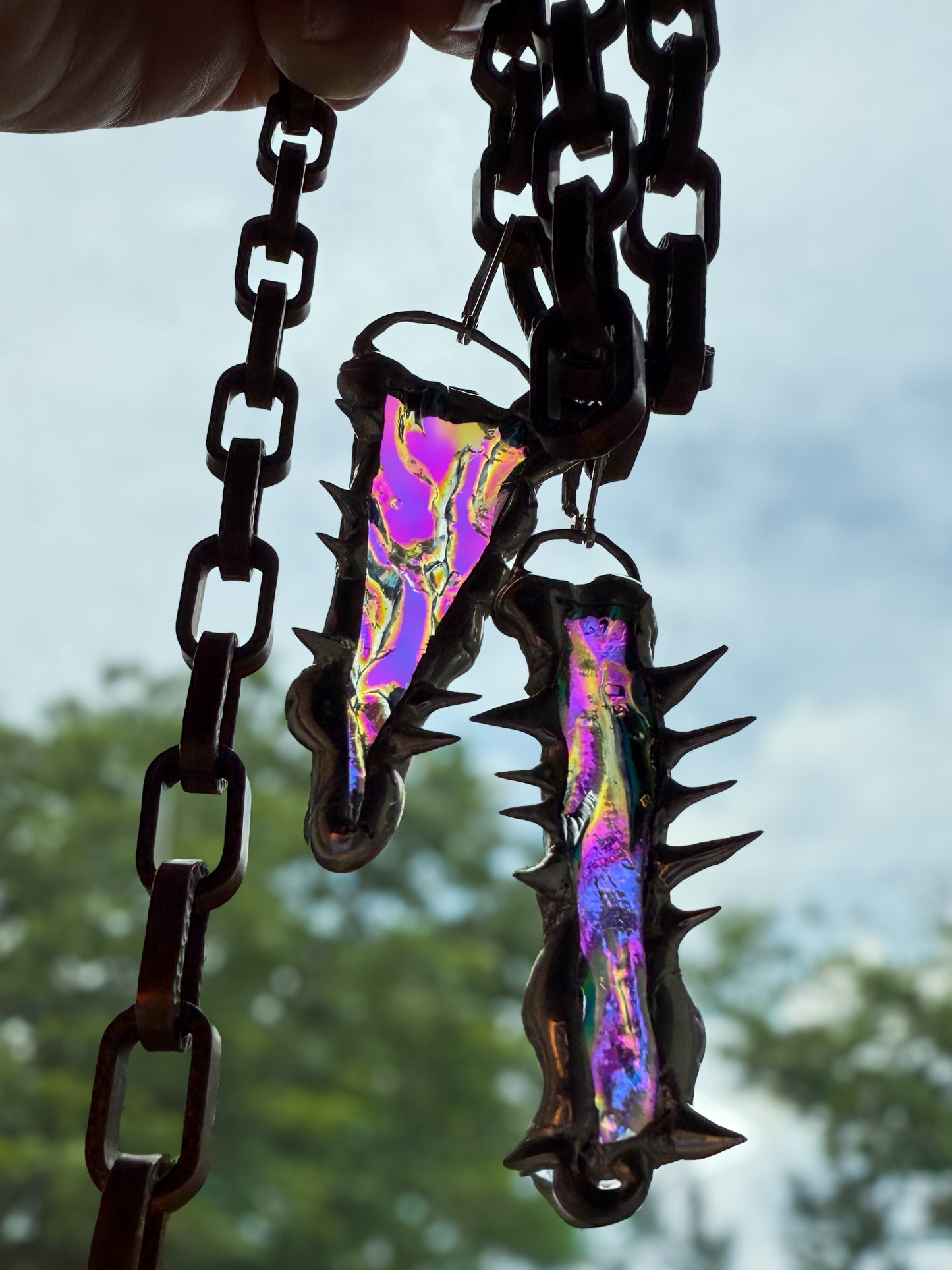 Merfolk Teal + Magenta Spiky Portal Asymmetrical Earrings | Dichroic Stained Glass Wearable Sculptures