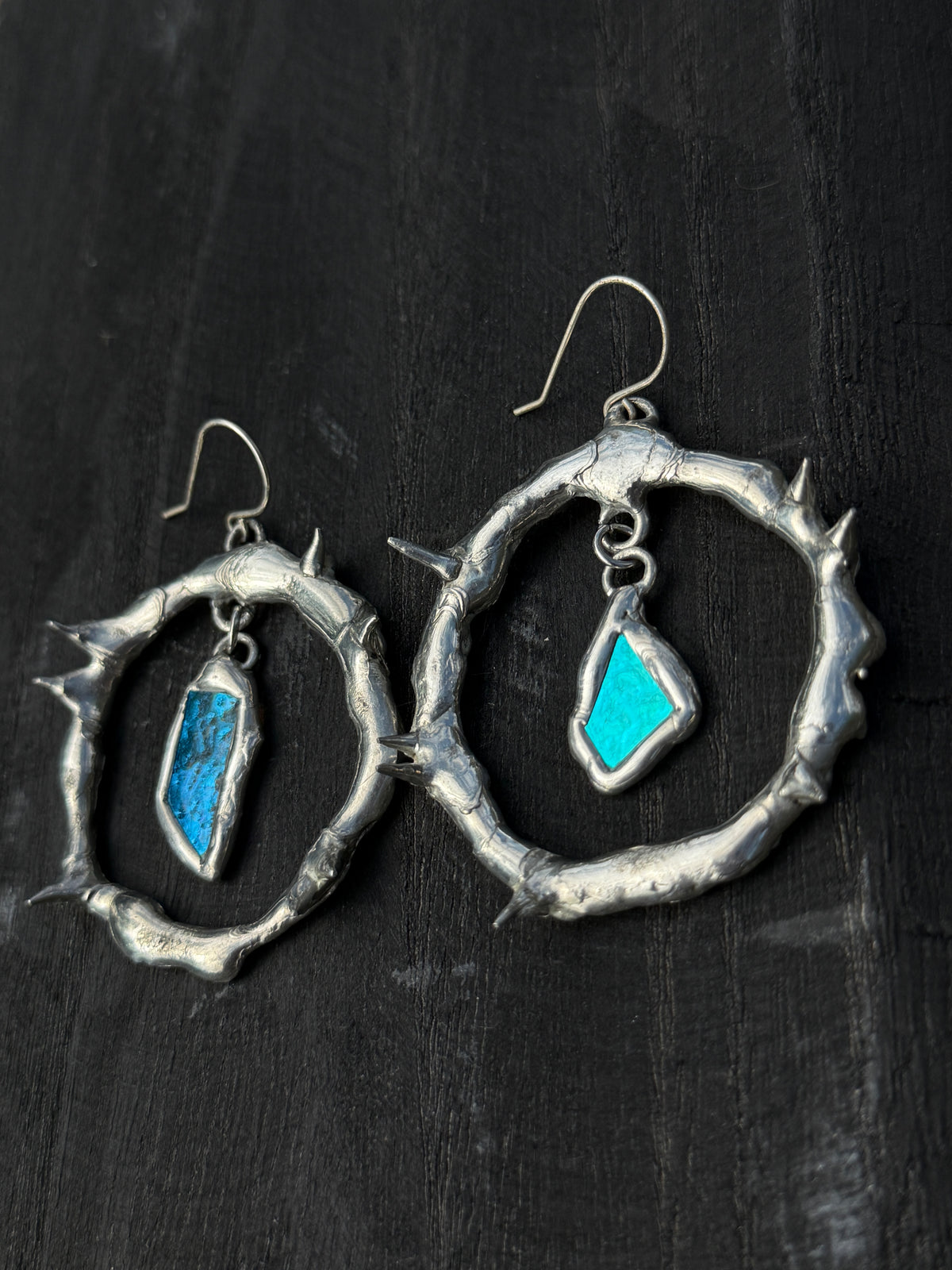 Teal Glass Shards Spiky Hoop Earrings