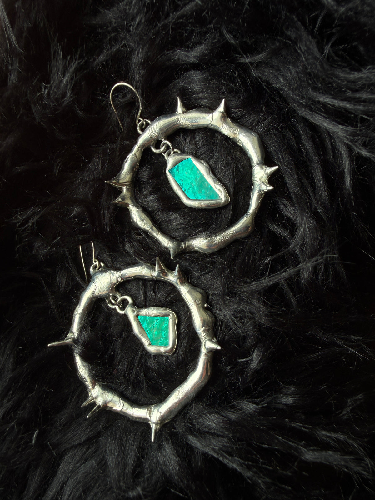 Teal Glass Shards Spiky Hoop Earrings