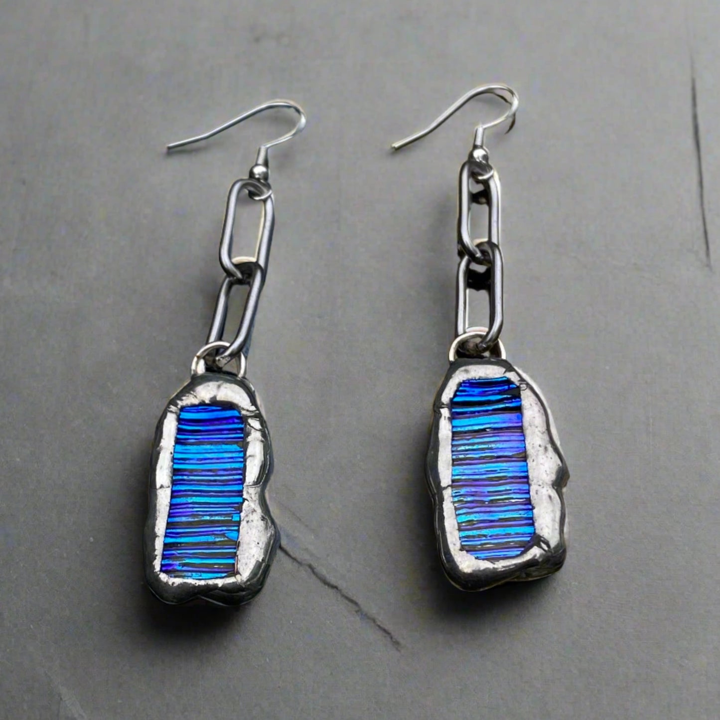 Bright Blue Chain Drop Stained Glass Earrings