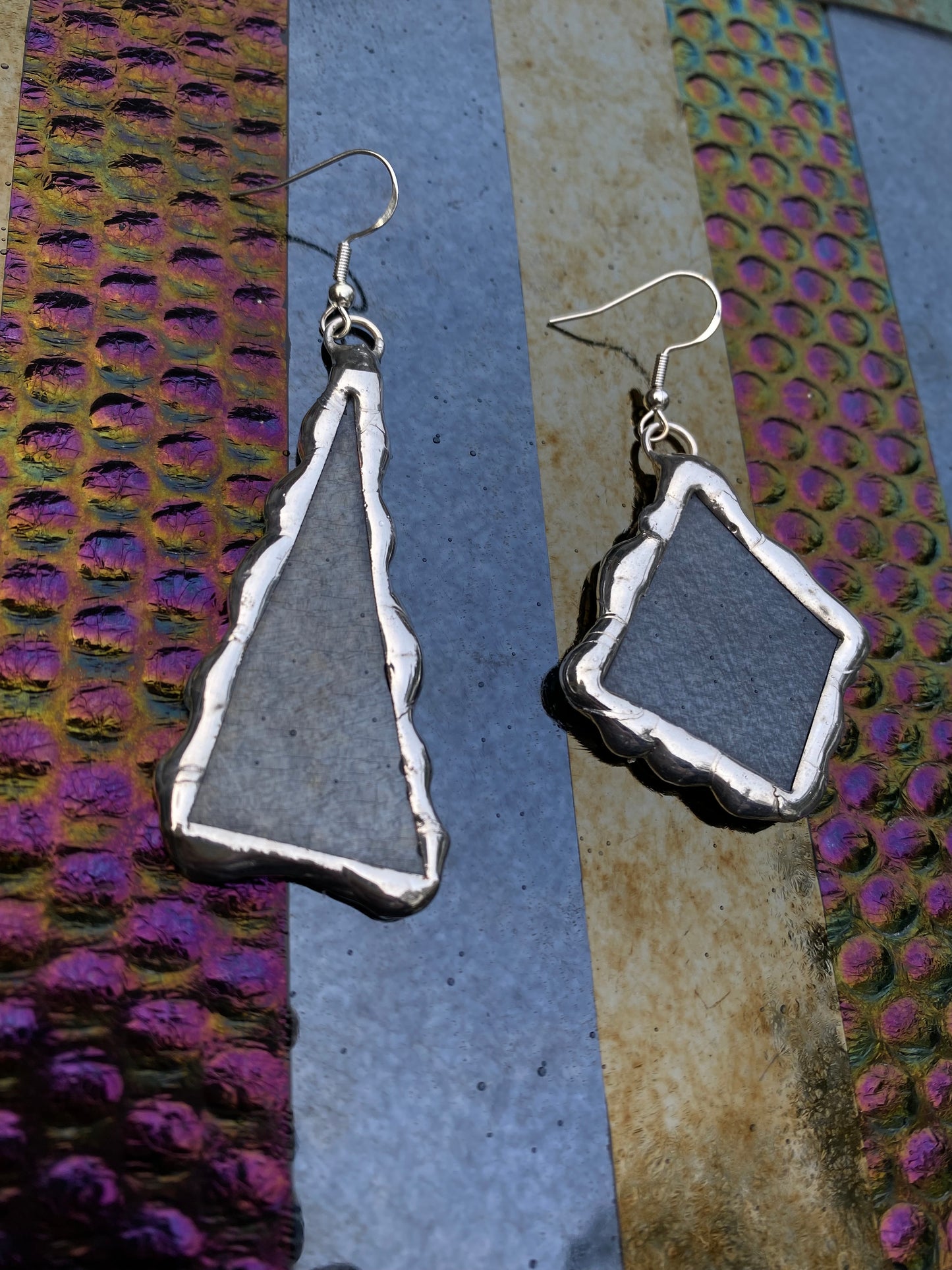 Asymmetrical Chrome Portals Stained Glass Earrings