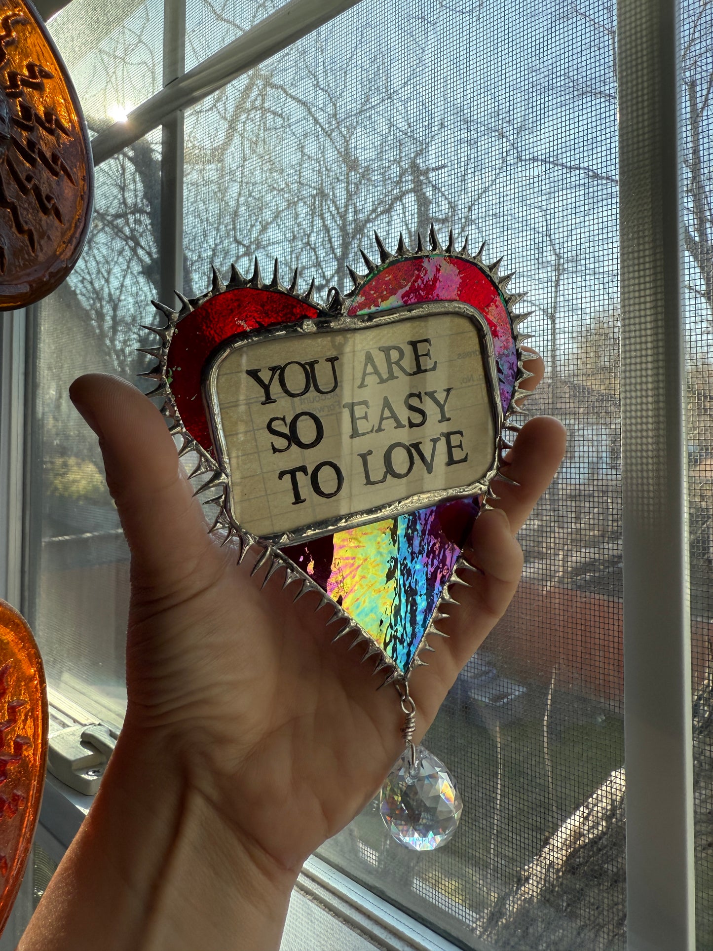 “You Are So Easy To Love” Iridescent Red Stained Glass Heart w/ Rainbow Prism Suncatcher | Hand Stamped Poetry | Spiky Soft Solder | Home Decor 