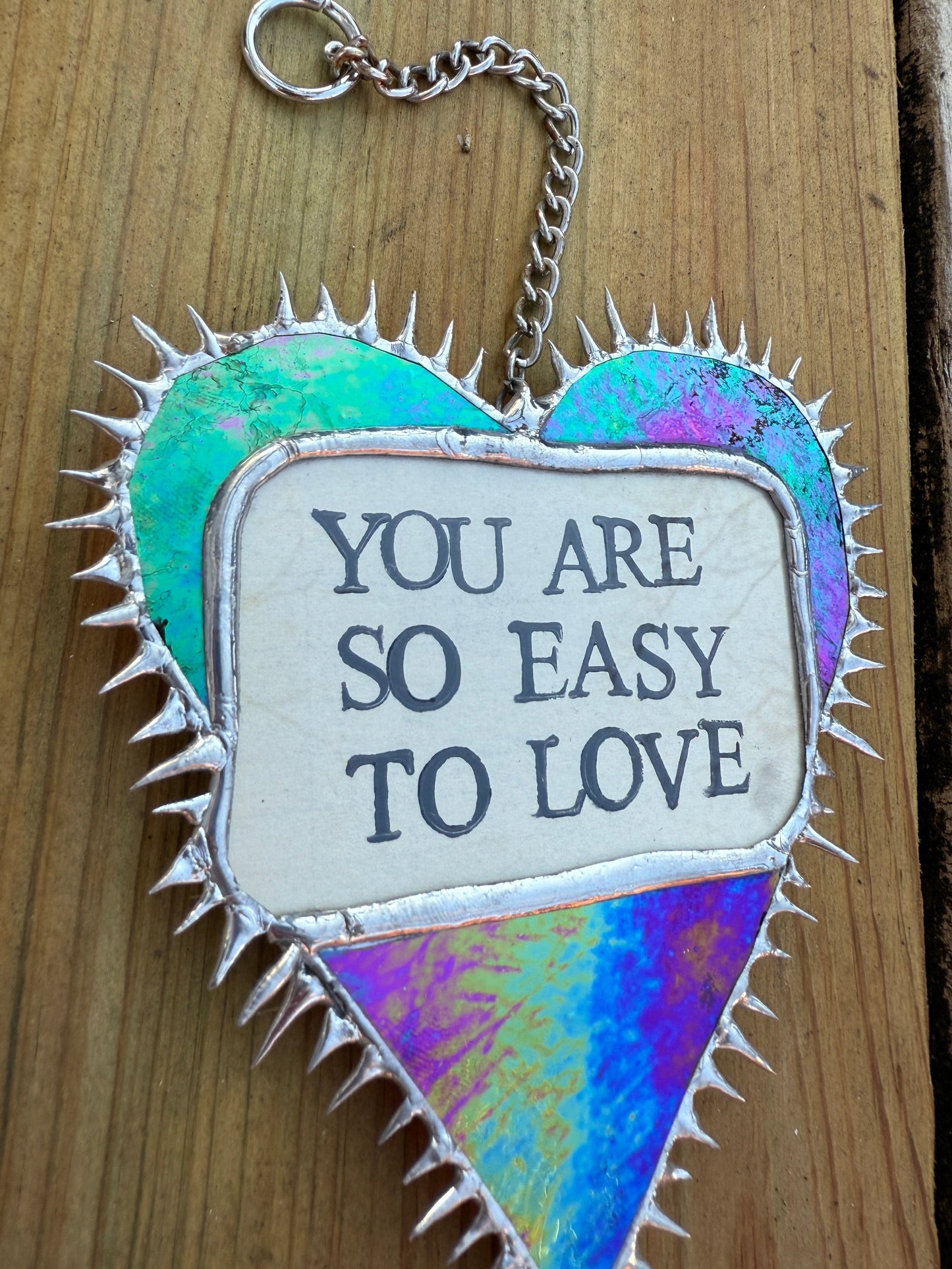 “You Are So Easy To Love” Iridescent Red Stained Glass Heart w/ Rainbow Prism Suncatcher | Hand Stamped Poetry | Spiky Soft Solder | Home Decor 