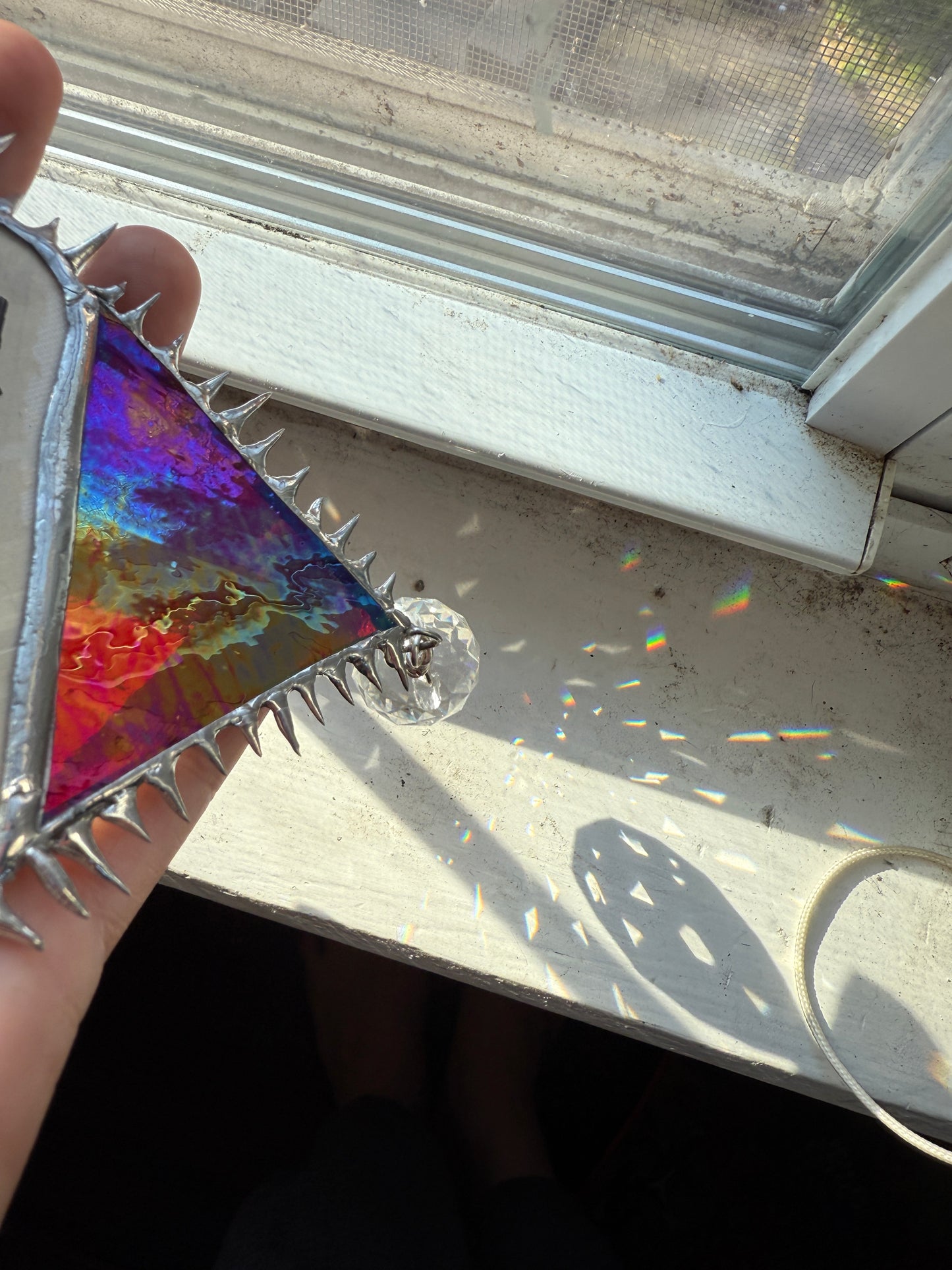 “You Are So Easy To Love” Iridescent Red Stained Glass Heart w/ Rainbow Prism Suncatcher | Hand Stamped Poetry | Spiky Soft Solder | Home Decor 