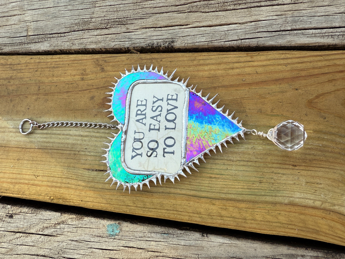 “You Are So Easy To Love” Iridescent Red Stained Glass Heart w/ Rainbow Prism Suncatcher | Hand Stamped Poetry | Spiky Soft Solder | Home Decor 
