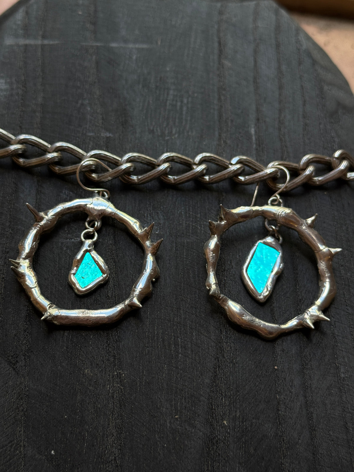 Teal Glass Shards Spiky Hoop Earrings