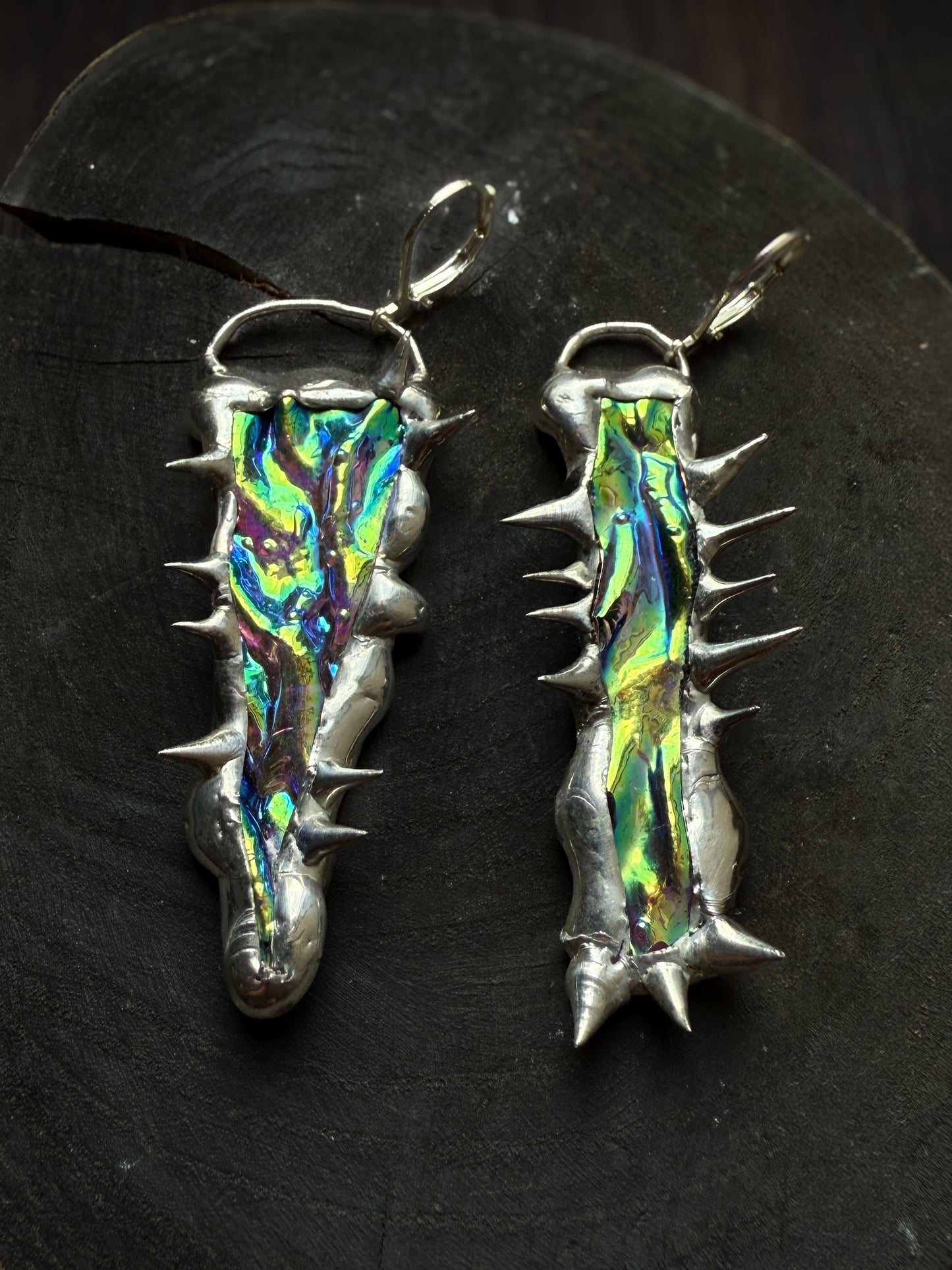 Merfolk Teal + Magenta Spiky Portal Asymmetrical Earrings | Dichroic Stained Glass Wearable Sculptures