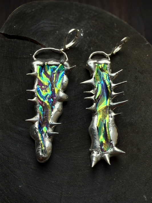 Merfolk Teal + Magenta Spiky Portal Asymmetrical Earrings | Dichroic Stained Glass Wearable Sculptures