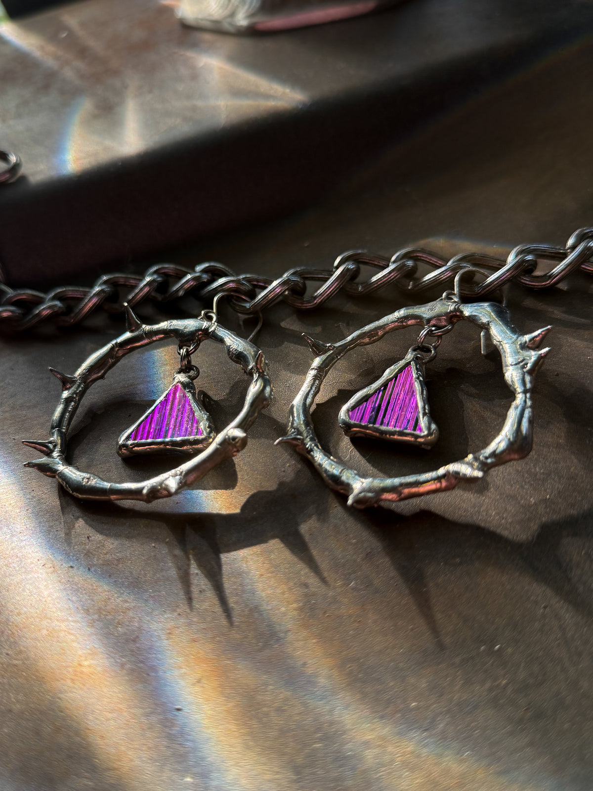 Pink Glass Shards Spiky Hoop Earrings