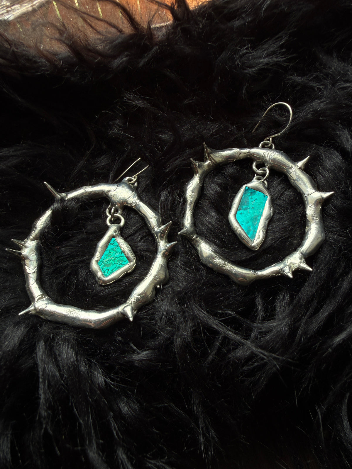 Teal Glass Shards Spiky Hoop Earrings