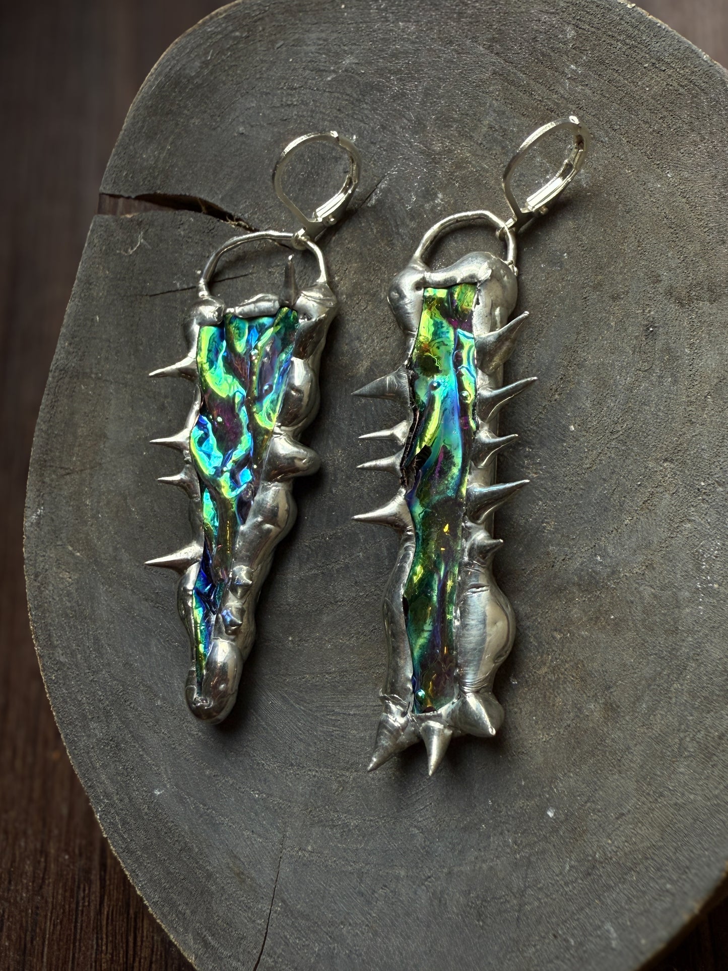 Merfolk Teal + Magenta Spiky Portal Asymmetrical Earrings | Dichroic Stained Glass Wearable Sculptures