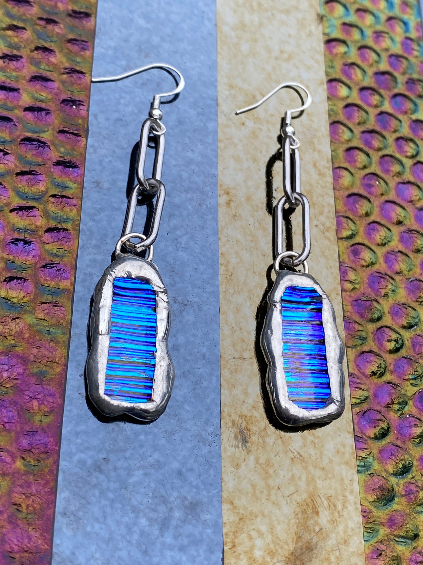 Bright Blue Chain Drop Stained Glass Earrings