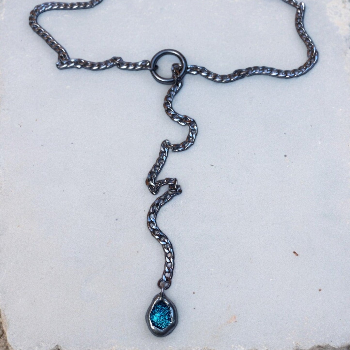 Cerulean Tear | Fused Glass Lariat Necklace