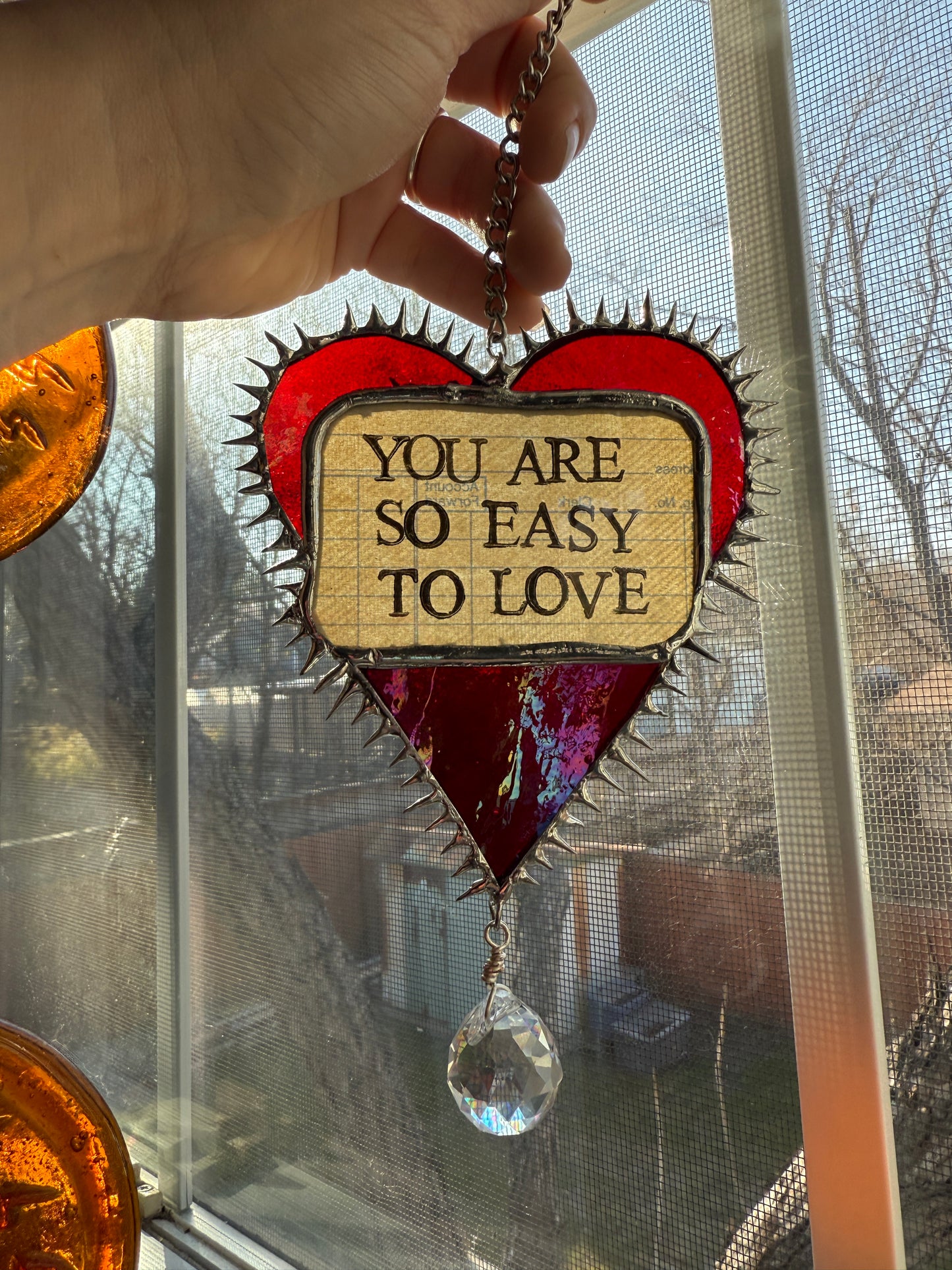 “You Are So Easy To Love” Iridescent Red Stained Glass Heart w/ Rainbow Prism Suncatcher | Hand Stamped Poetry | Spiky Soft Solder | Home Decor 