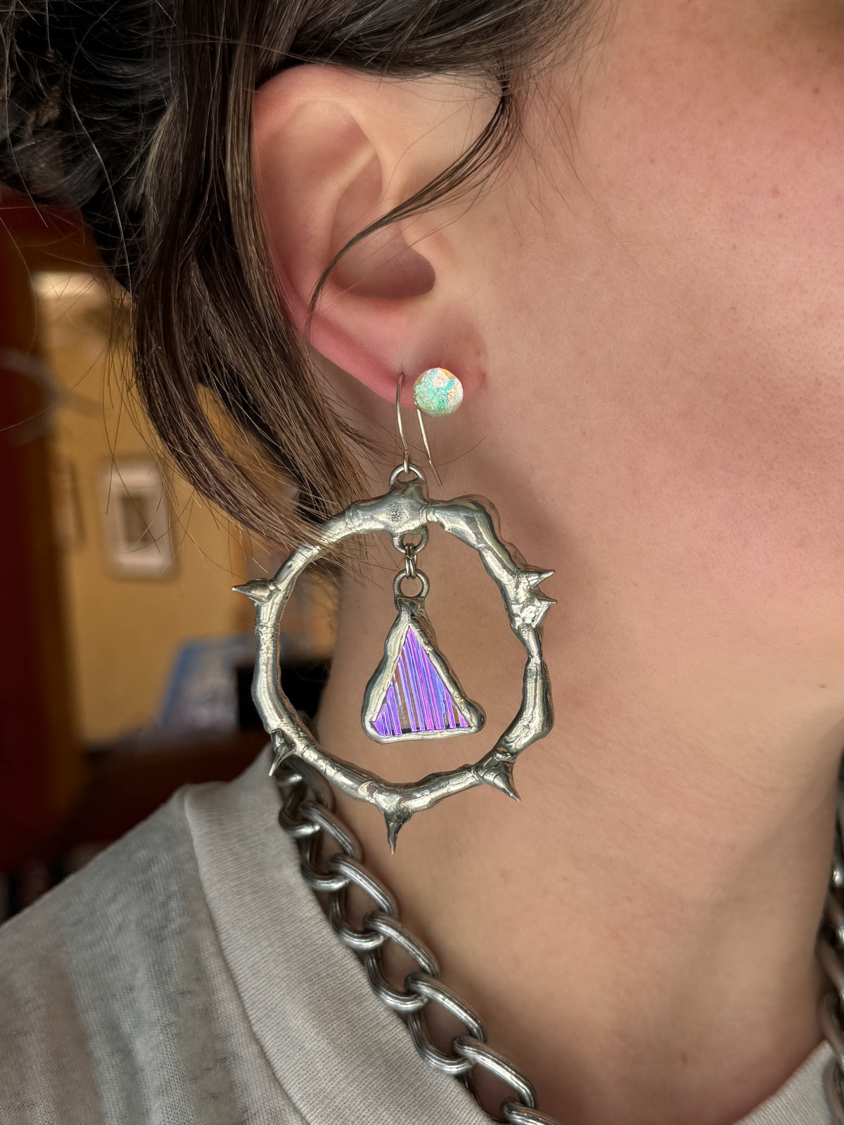 Pink Glass Shards Spiky Hoop Earrings