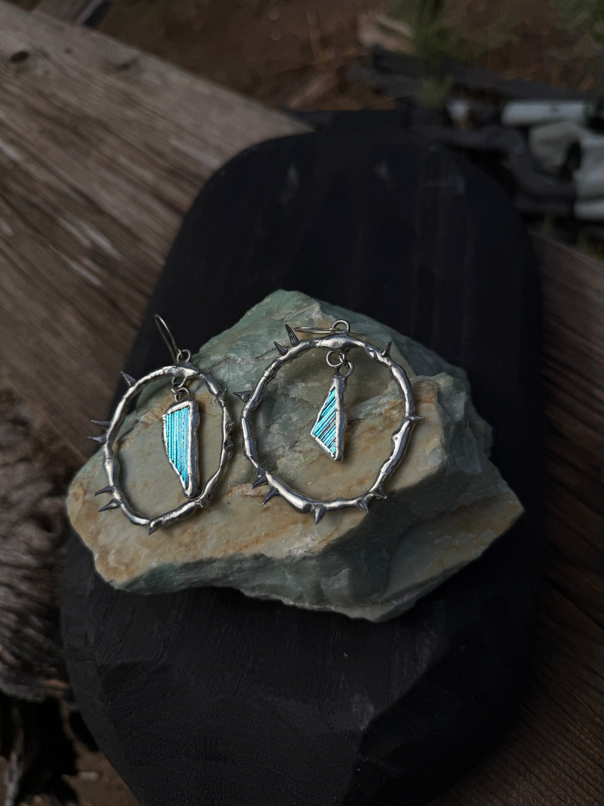 Baby Blue Glass Shards Spiky Hoop Earrings