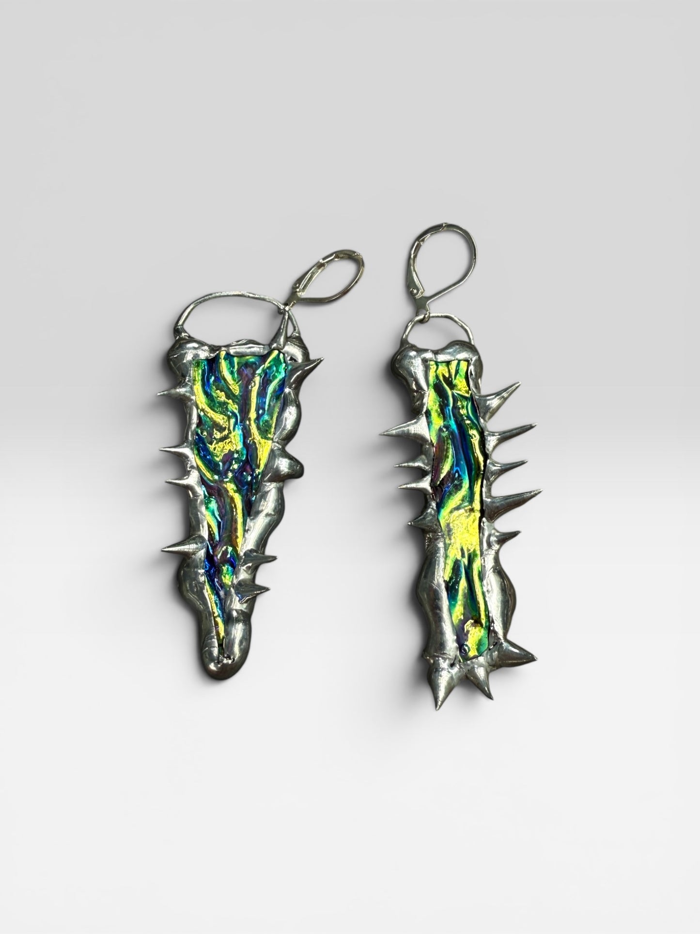Merfolk Teal + Magenta Spiky Portal Asymmetrical Earrings | Dichroic Stained Glass Wearable Sculptures