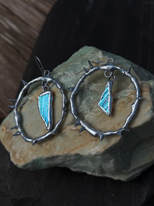 Baby Blue Glass Shards Spiky Hoop Earrings