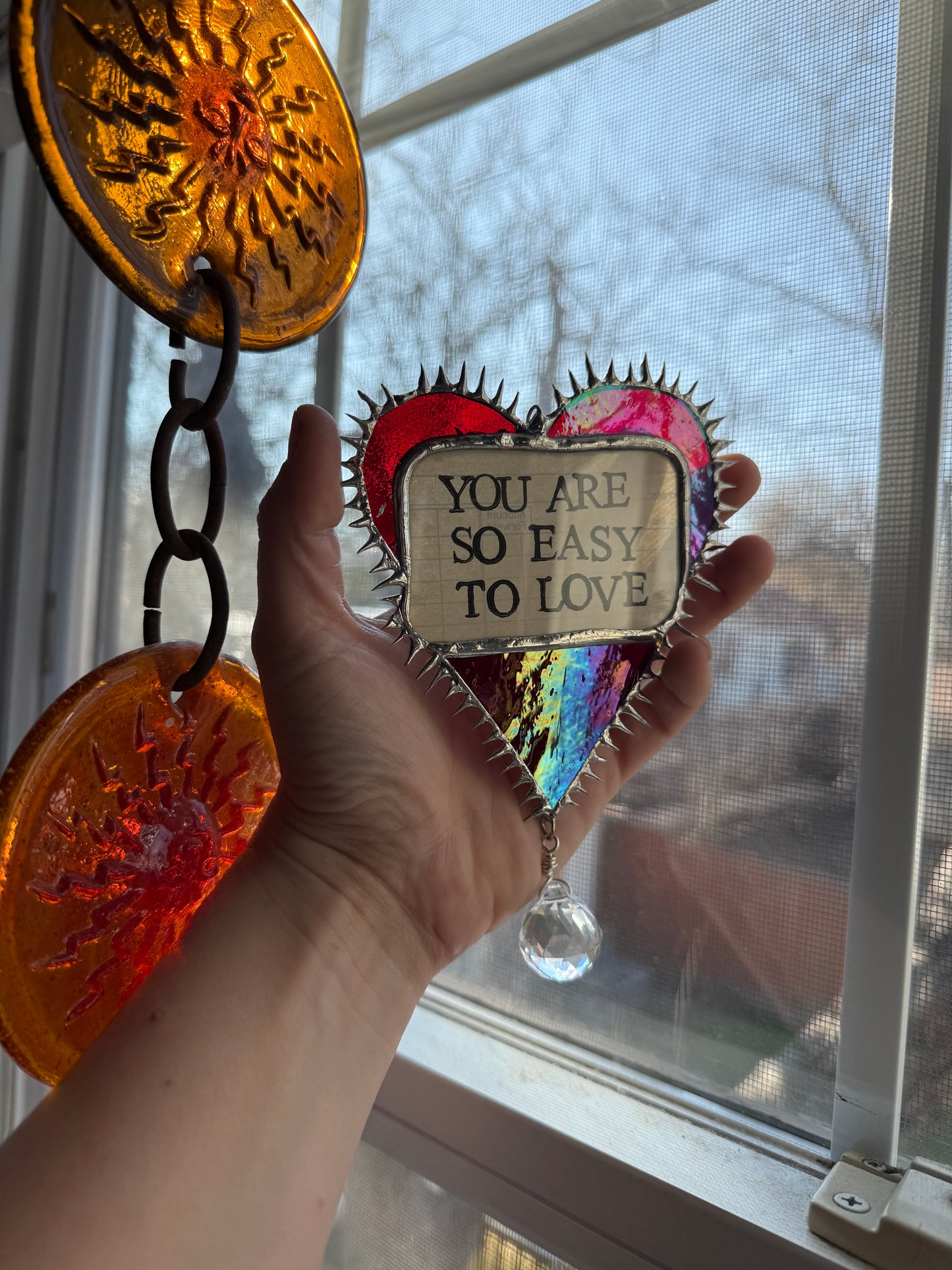 “You Are So Easy To Love” Iridescent Red Stained Glass Heart w/ Rainbow Prism Suncatcher | Hand Stamped Poetry | Spiky Soft Solder | Home Decor 