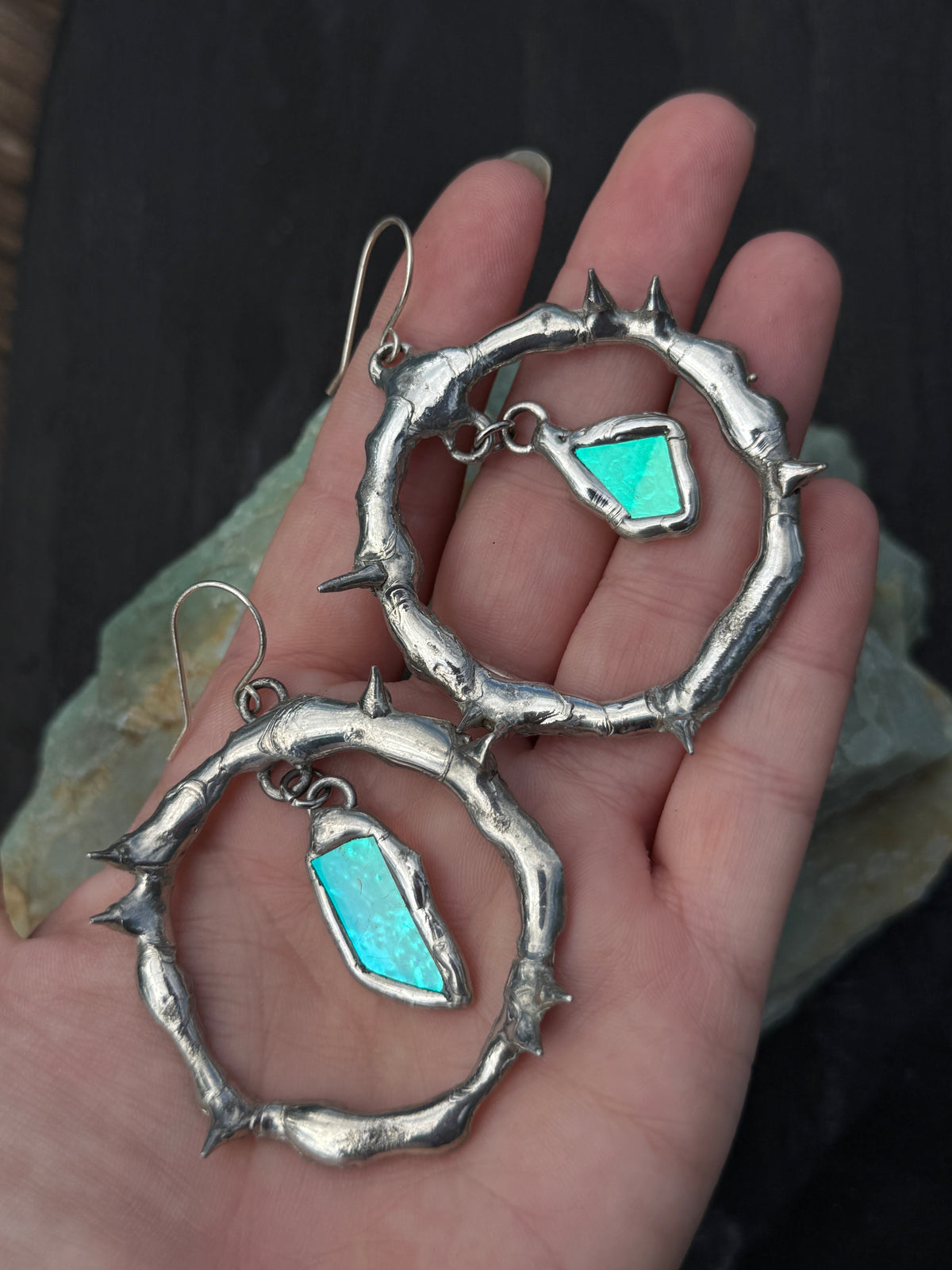 Teal Glass Shards Spiky Hoop Earrings