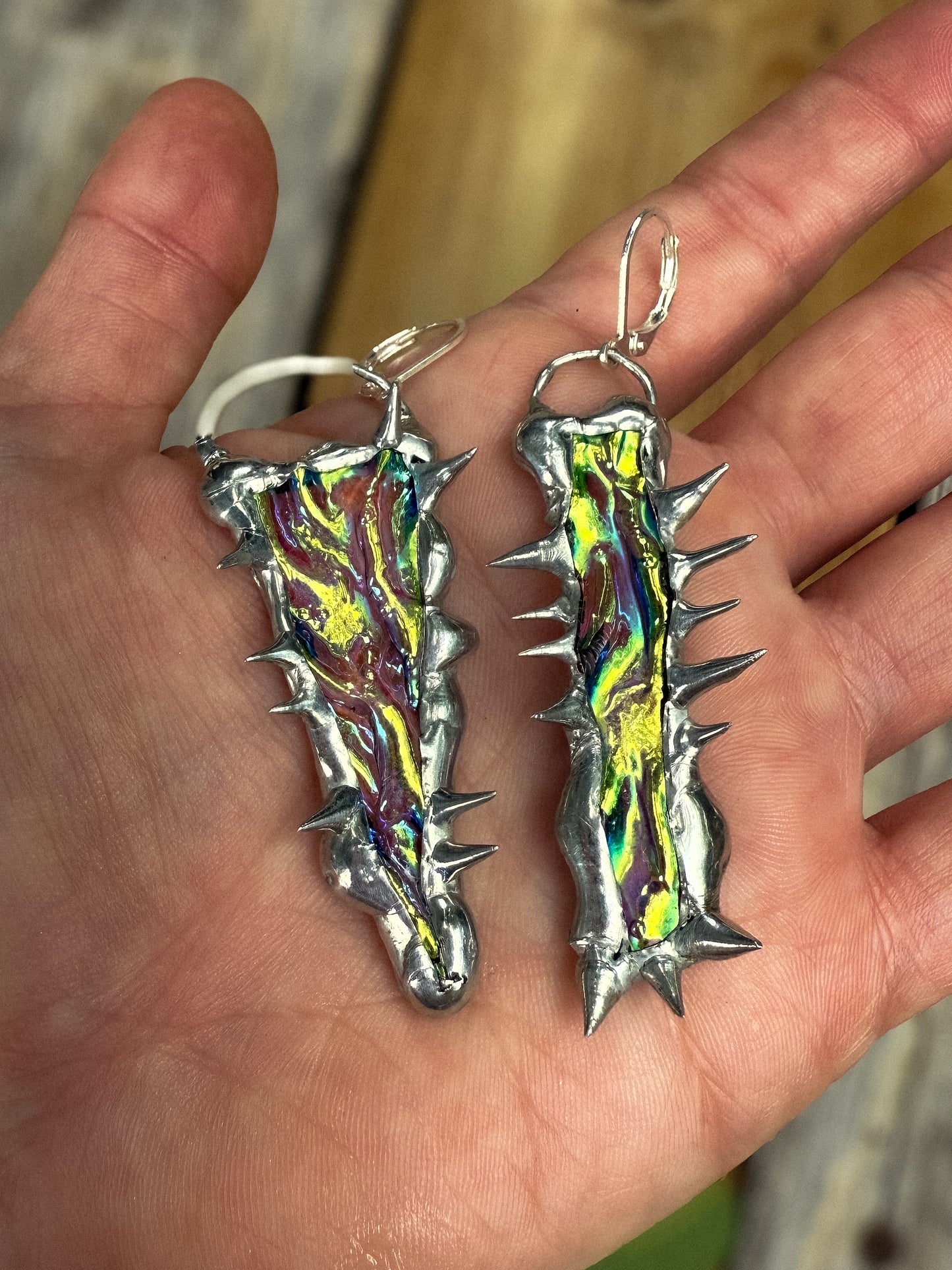 Merfolk Teal + Magenta Spiky Portal Asymmetrical Earrings | Dichroic Stained Glass Wearable Sculptures