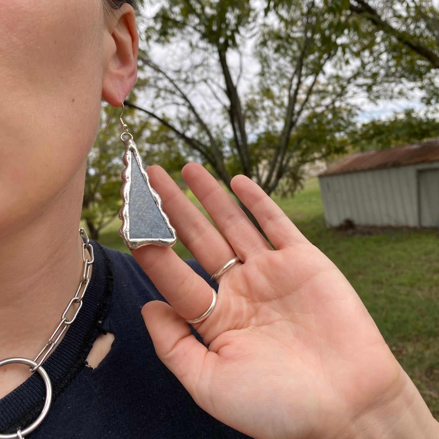 Asymmetrical Chrome Portals Stained Glass Earrings