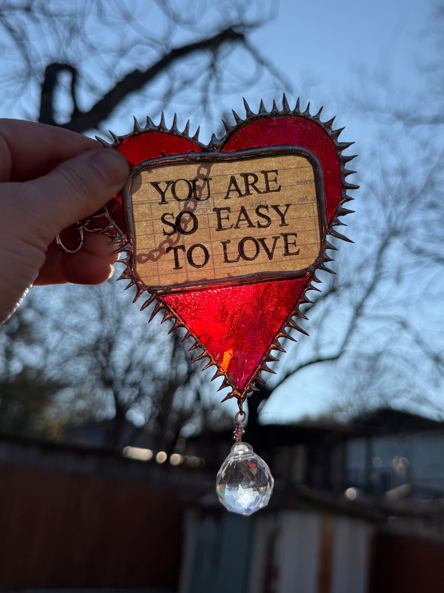 “You Are So Easy To Love” Iridescent Red Stained Glass Heart w/ Rainbow Prism Suncatcher | Hand Stamped Poetry | Spiky Soft Solder | Home Decor 