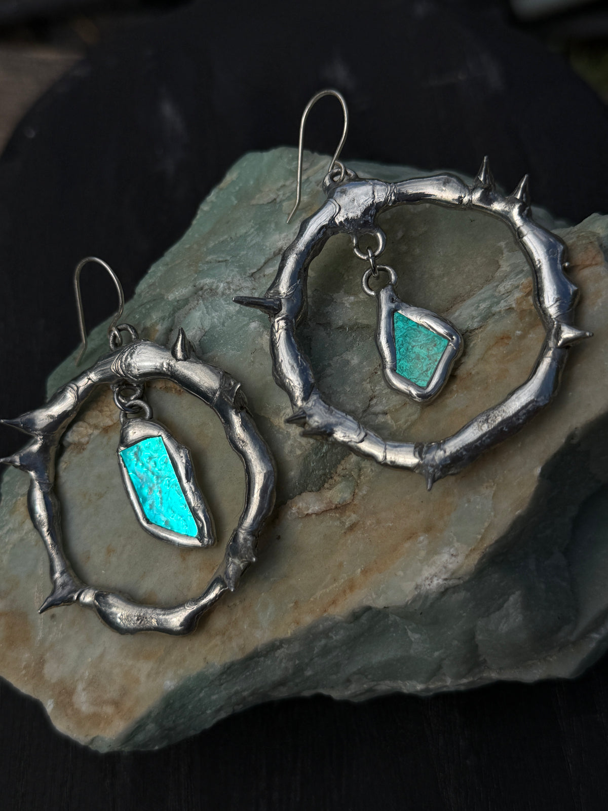 Teal Glass Shards Spiky Hoop Earrings