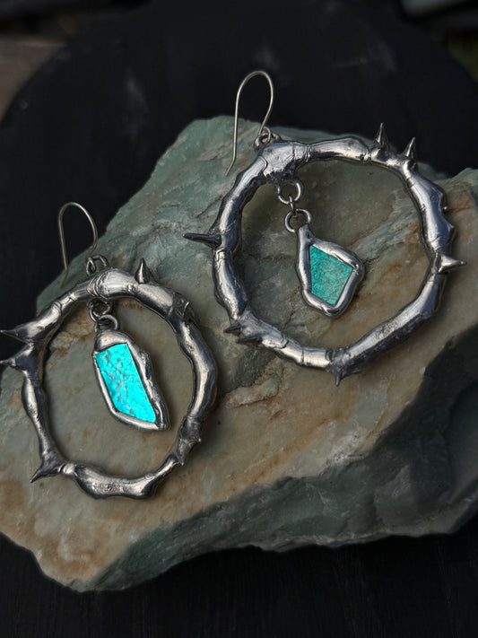 Teal Glass Shards Spiky Hoop Earrings